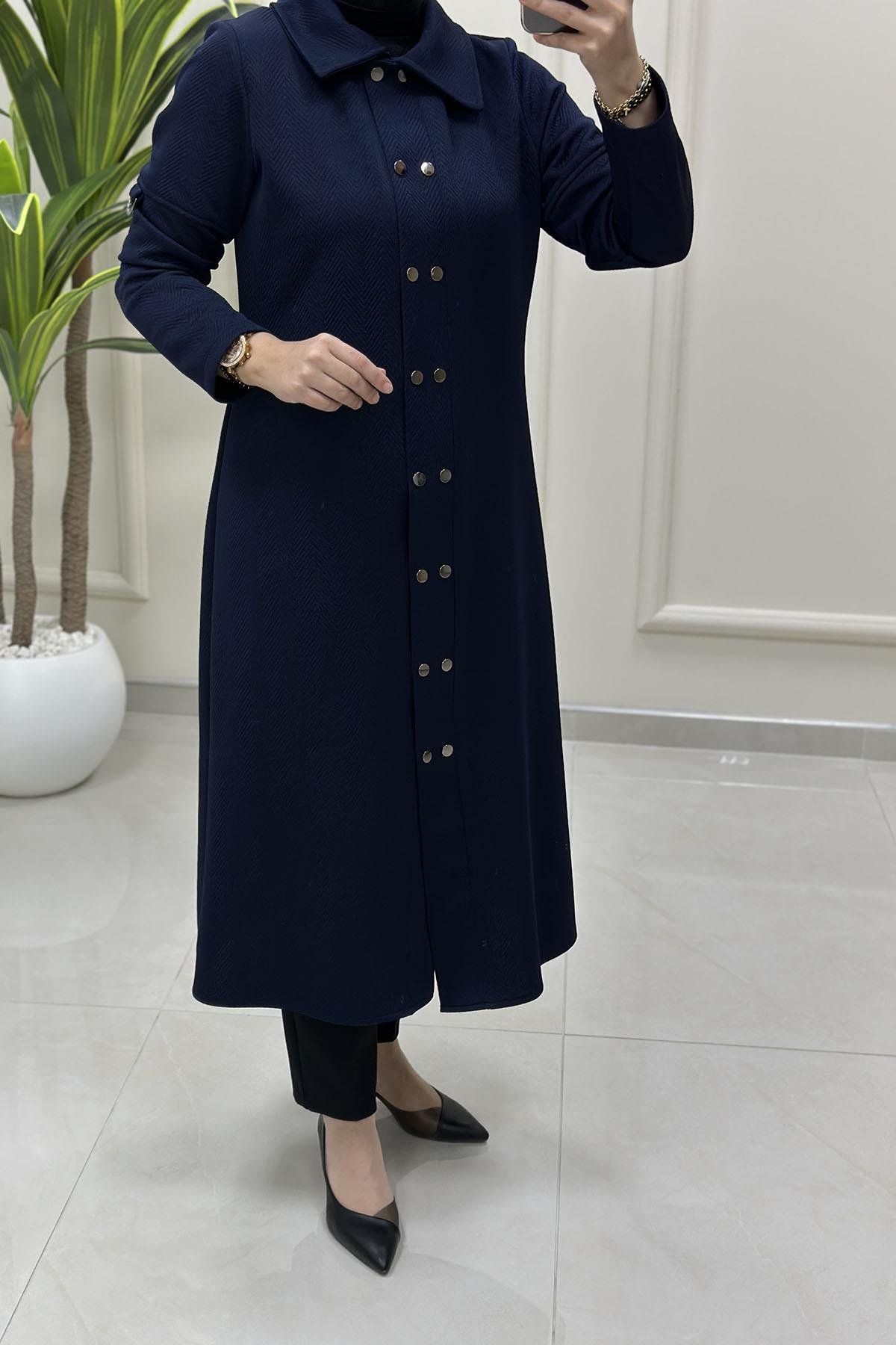 Tesettür Giy Çık KapMevsimlik Önü Çıtçıtlı Kadın Giyçık Kap Lacivert QTN 4943