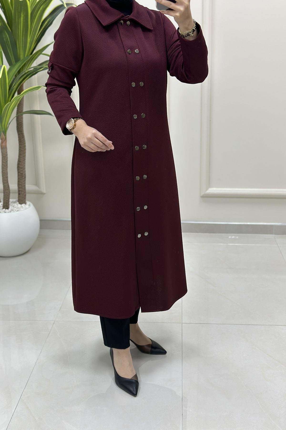 Tesettür Giy Çık KapMevsimlik Önü Çıtçıtlı Kadın Giyçık Kap Bordo QTN 4943