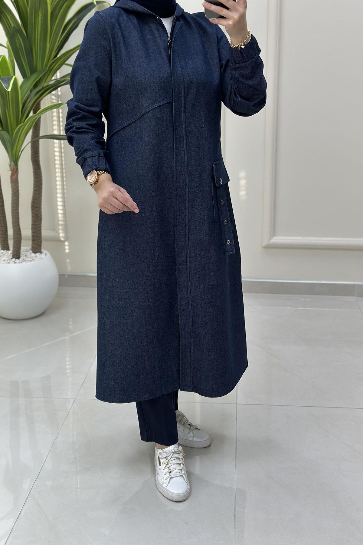 Tesettür Giy Çık KapMevsimlik Önü Gizli Fermuarlı Cepli Kadın Kot Giyçık Kap Koyu Mavi CNR 2269