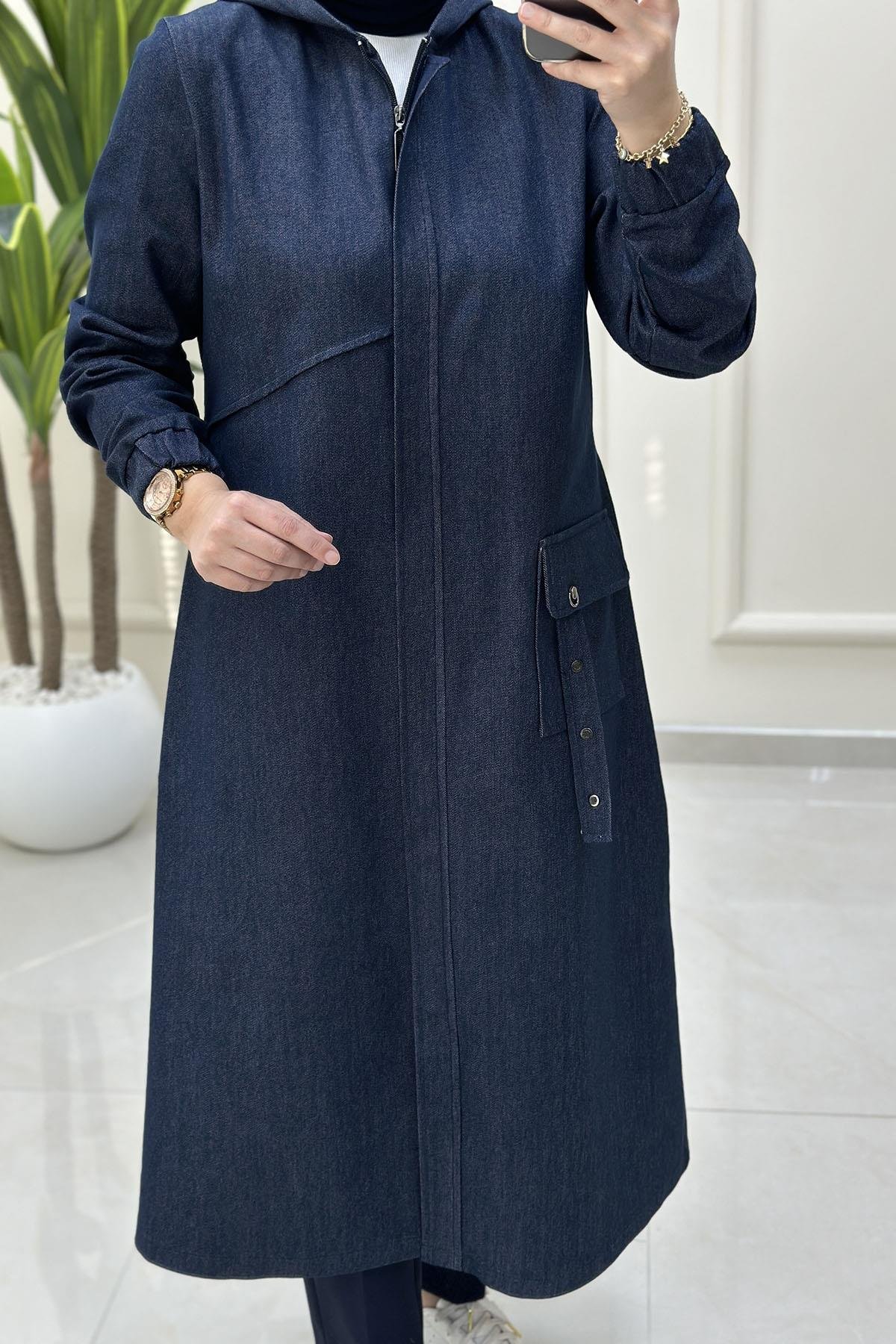 Tesettür Giy Çık KapMevsimlik Önü Gizli Fermuarlı Cepli Kadın Kot Giyçık Kap Koyu Mavi CNR 2269
