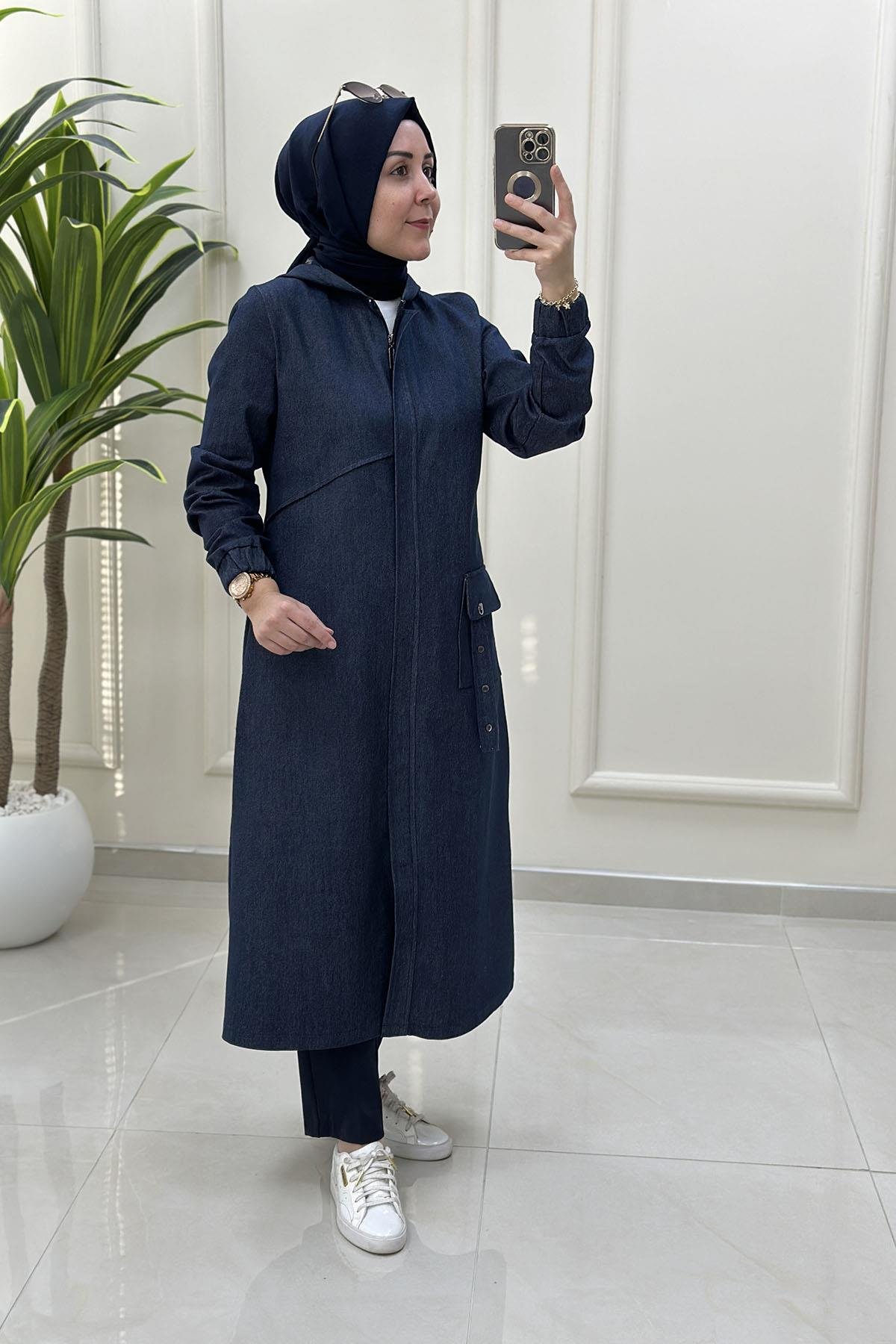 Tesettür Giy Çık KapMevsimlik Önü Gizli Fermuarlı Cepli Kadın Kot Giyçık Kap Koyu Mavi CNR 2269