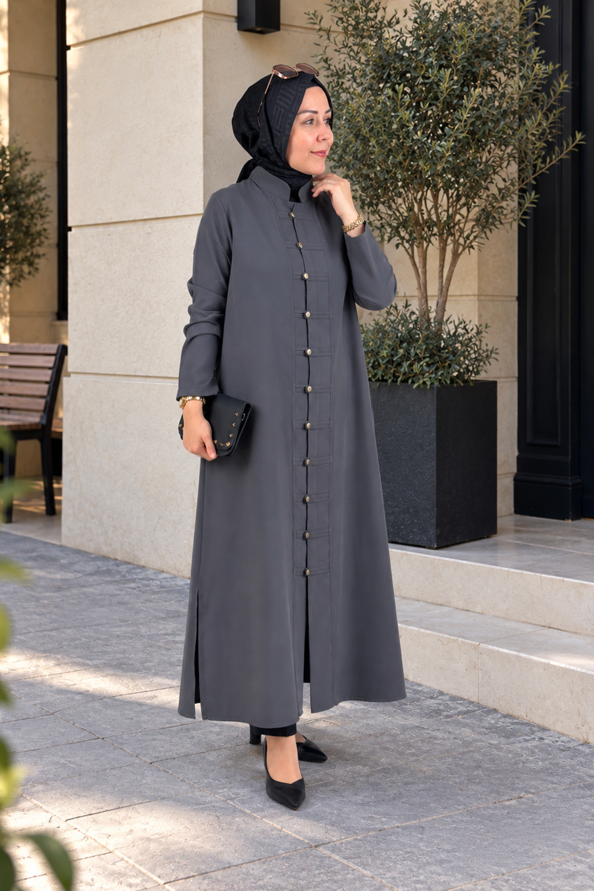 Tesettür Giy Çık KapModal Tensel Önü Biritli Düğmeli Uzun Kadın Giyçık Kap Antrasit KADO 268580