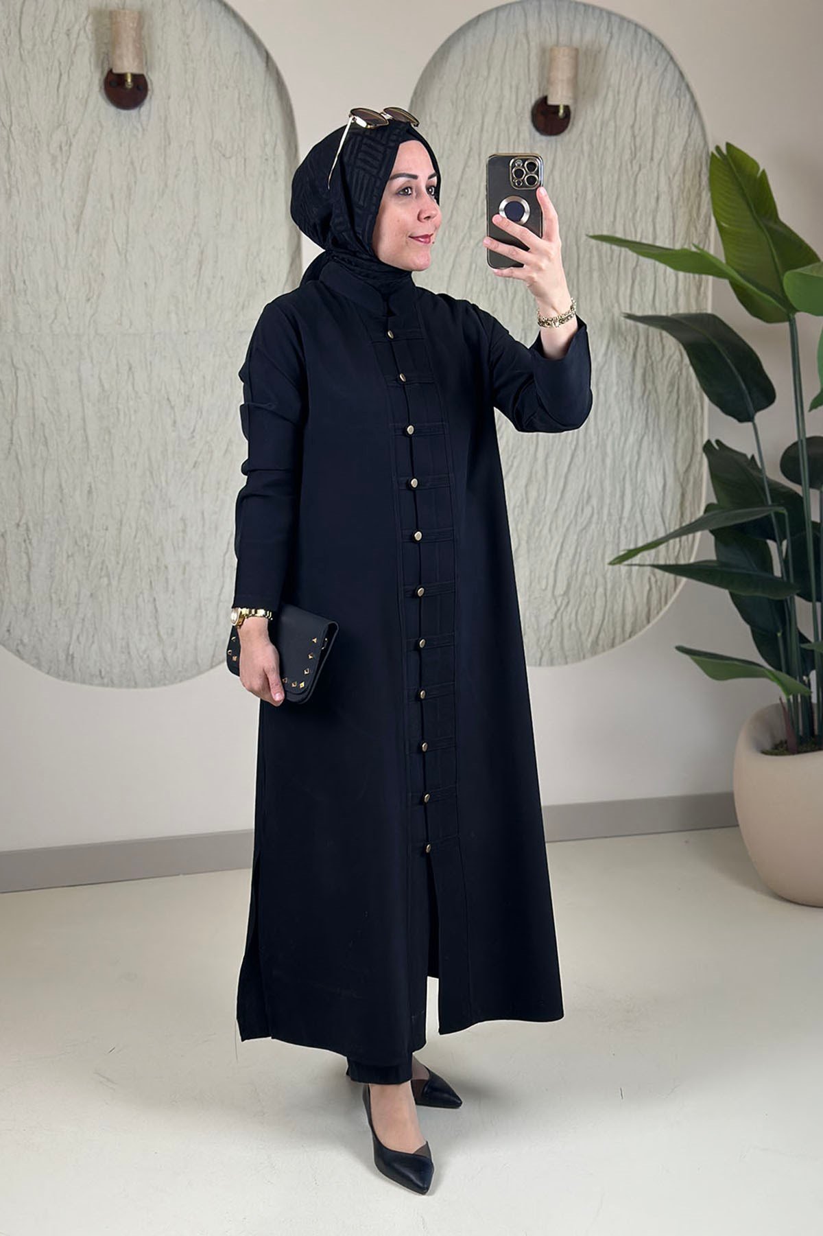 Tesettür Giy Çık KapModal Tensel Önü Biritli Düğmeli Uzun Kadın Giyçık Kap Siyah KADO 268580