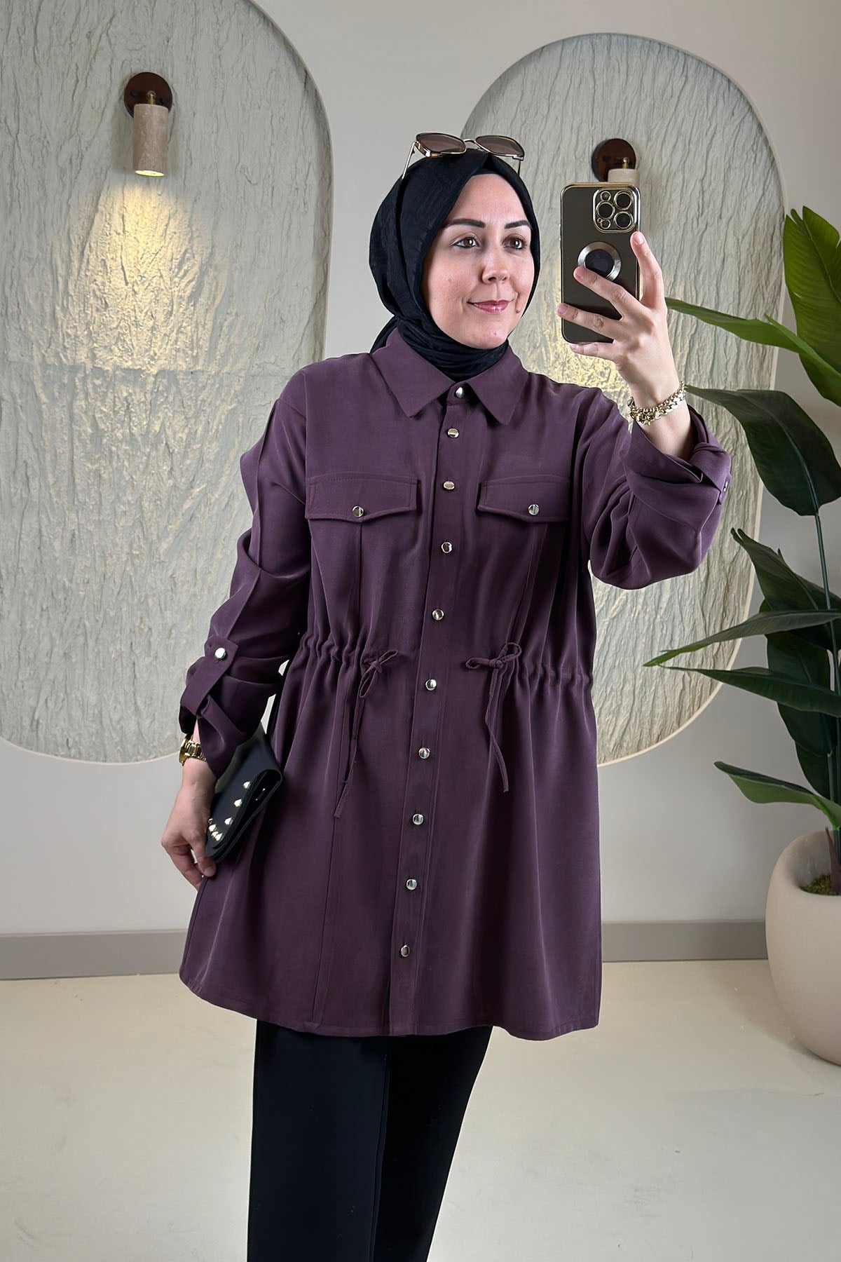 Tesettür Giy Çık KapModal Tensel Önü Düğmeli Beli Büzgülü Katlama Kol Kadın Giyçık Tunik Mürdüm KADO 268516