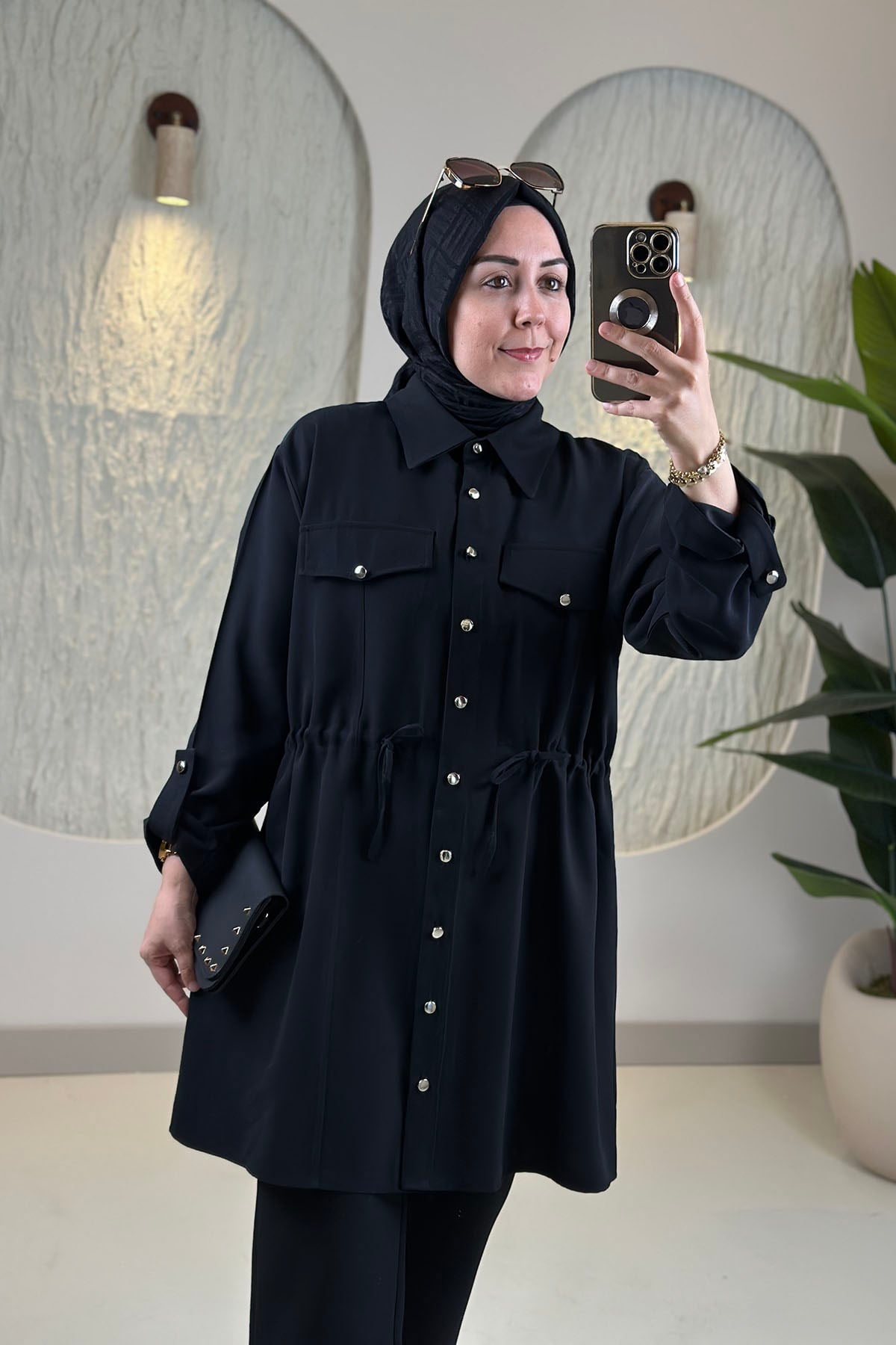Tesettür Giy Çık KapModal Tensel Önü Düğmeli Beli Büzgülü Katlama Kol Kadın Giyçık Tunik Siyah KADO 268516