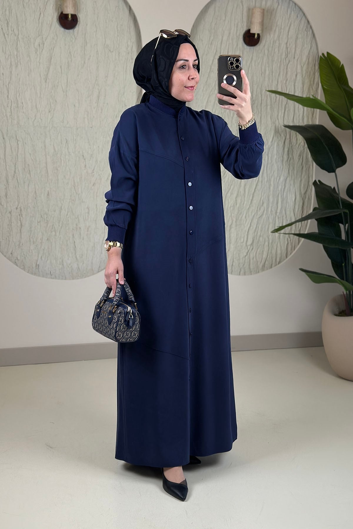 Tesettür Giy Çık KapModal Tensel Önü Düğmeli Ribanalı Uzun Kadın Giyçık Kap Lacivert KADO 268478