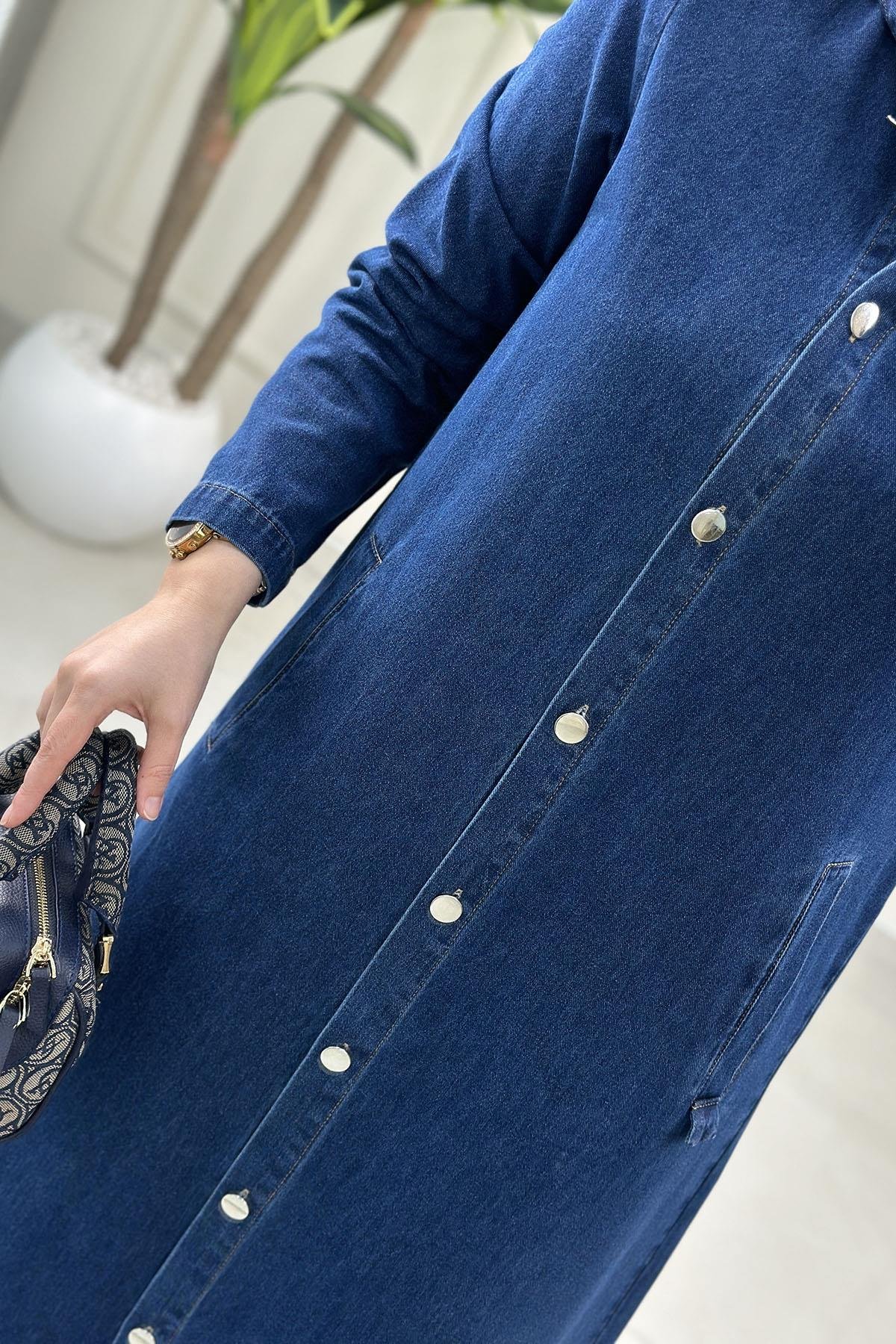 Tesettür Giy Çık KapÖnü Düğmeli Cepli Kadın Kot Giyçık Kap Koyu Mavi ALS 5279