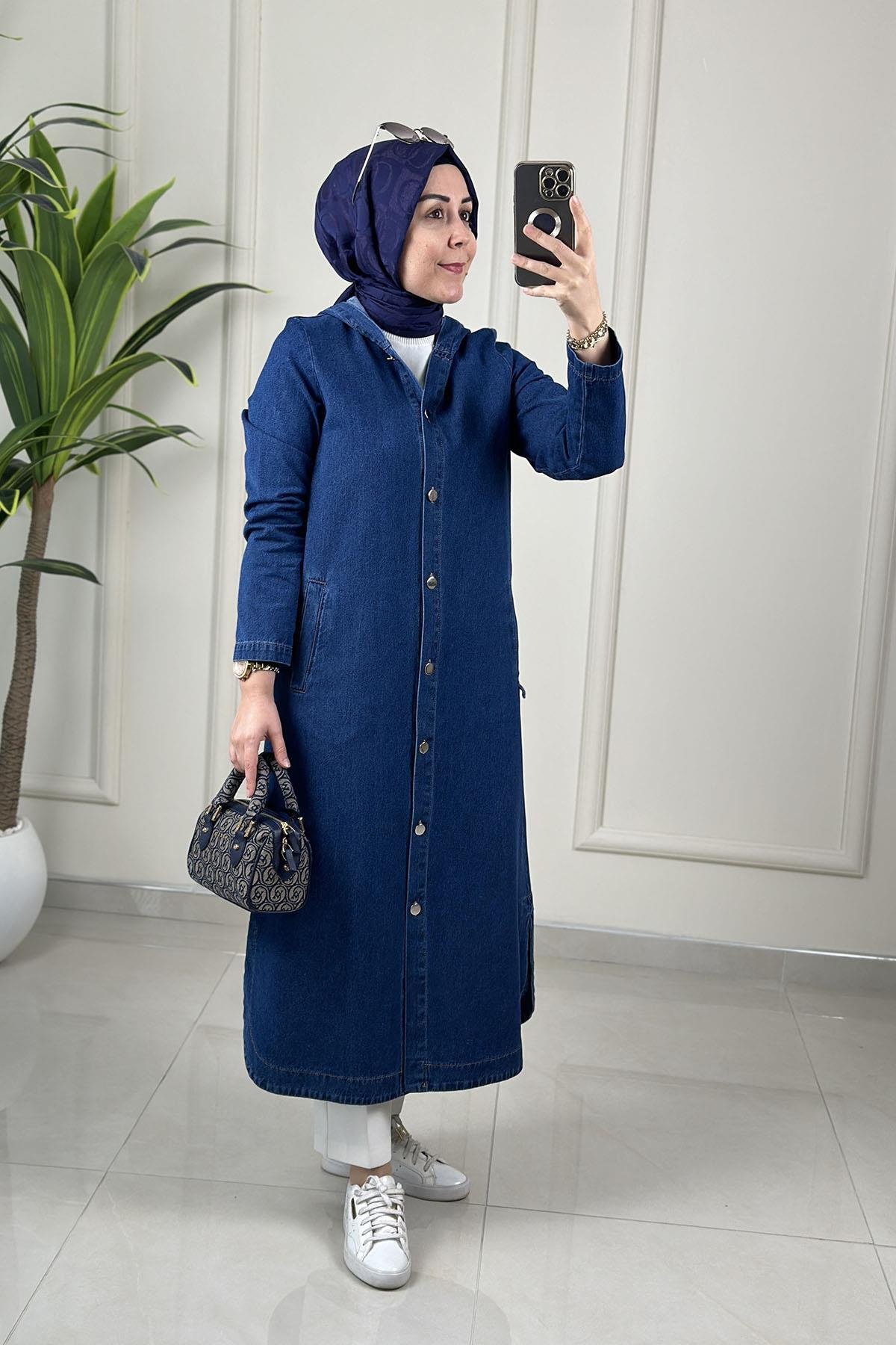 Tesettür Giy Çık KapÖnü Düğmeli Cepli Kadın Kot Giyçık Kap Koyu Mavi ALS 5279