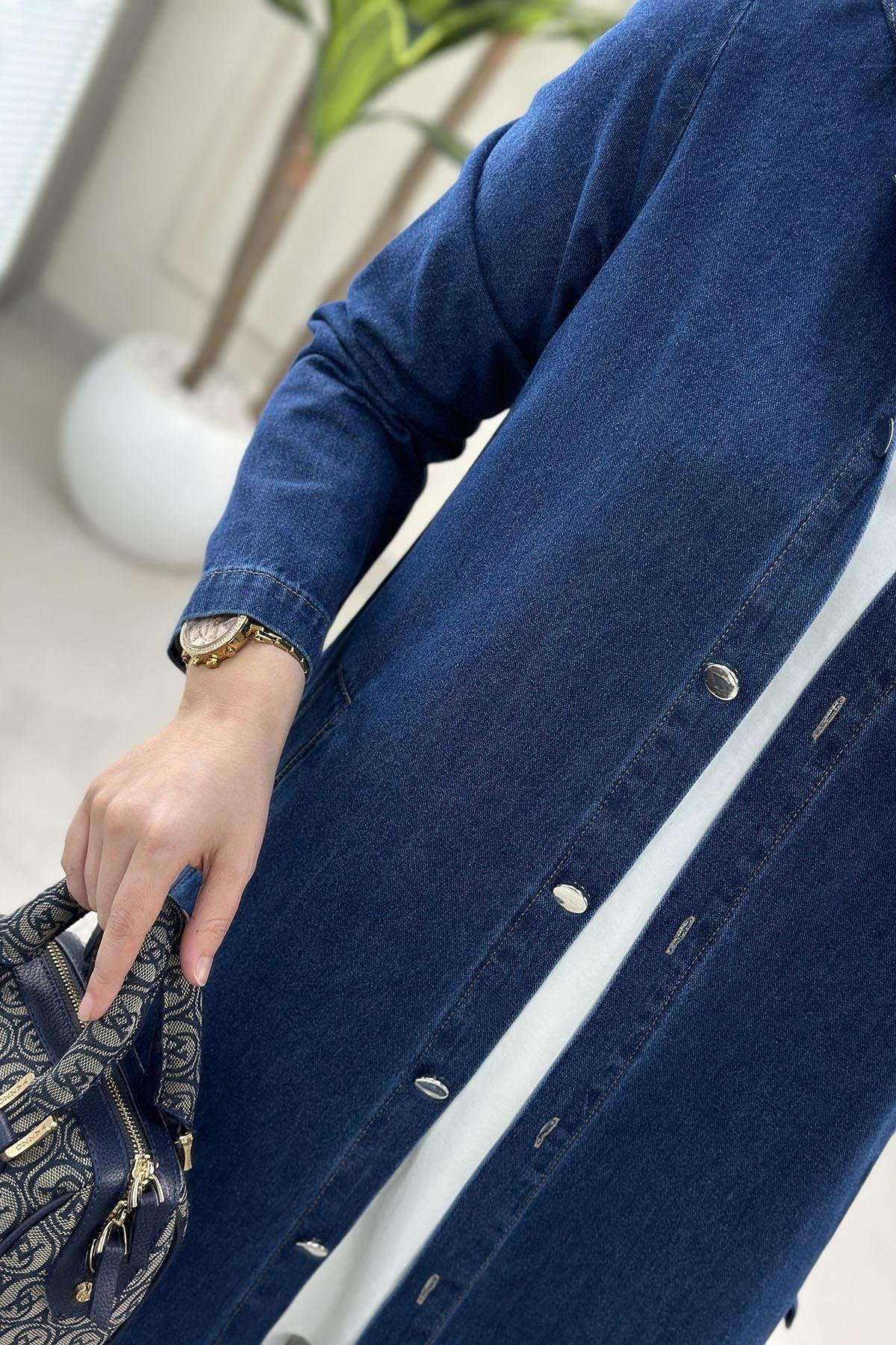 Tesettür Giy Çık KapÖnü Düğmeli Cepli Kadın Kot Giyçık Kap Koyu Mavi ALS 5279