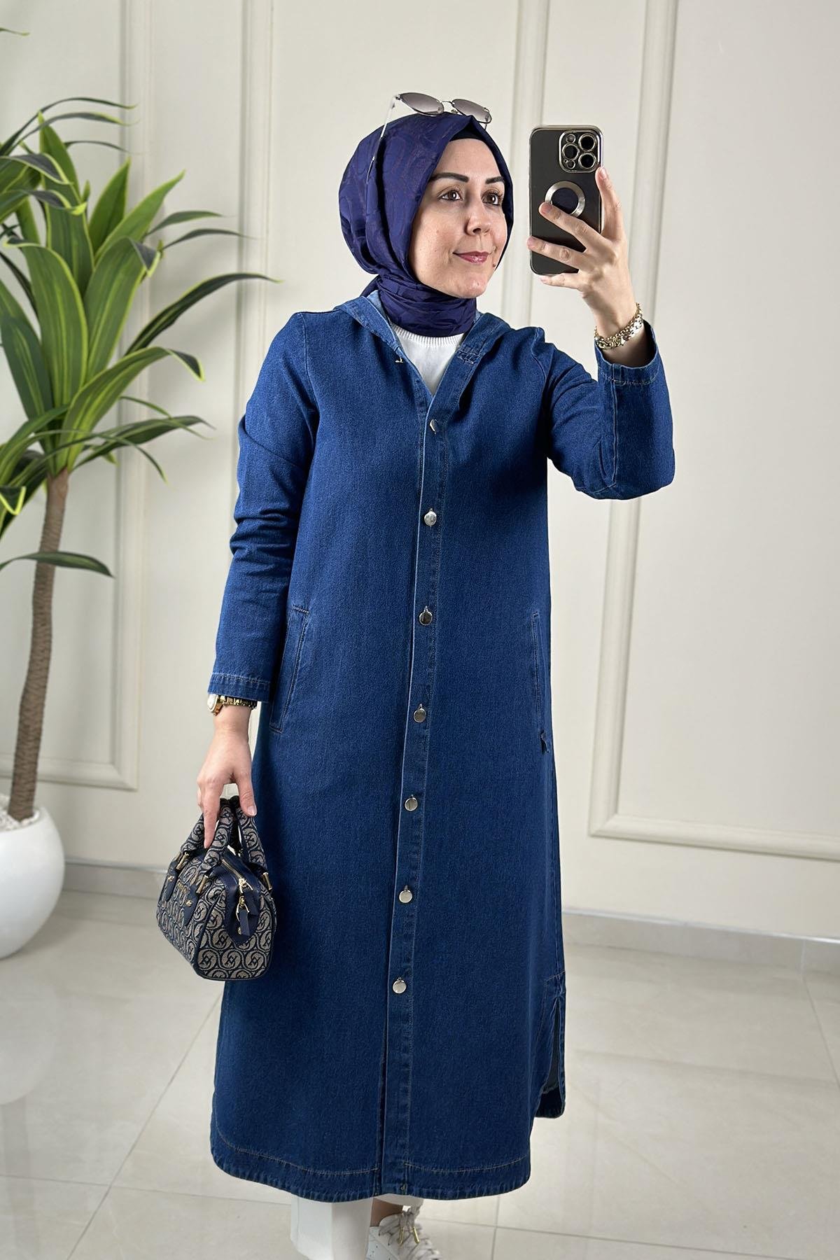 Tesettür Giy Çık KapÖnü Düğmeli Cepli Kadın Kot Giyçık Kap Koyu Mavi ALS 5279