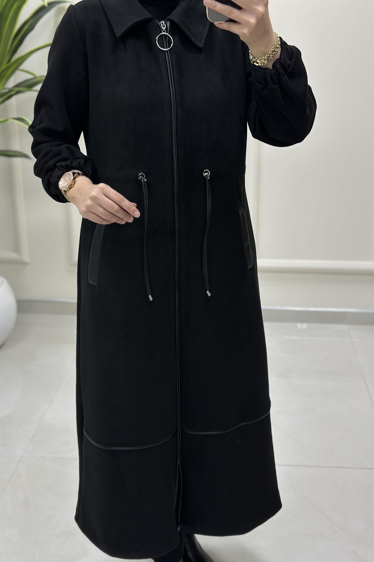 Tesettür Giy Çık KapÖnü Fermuarlı Beli Büzgülü Kadın Süet Kap Siyah BRL 7205
