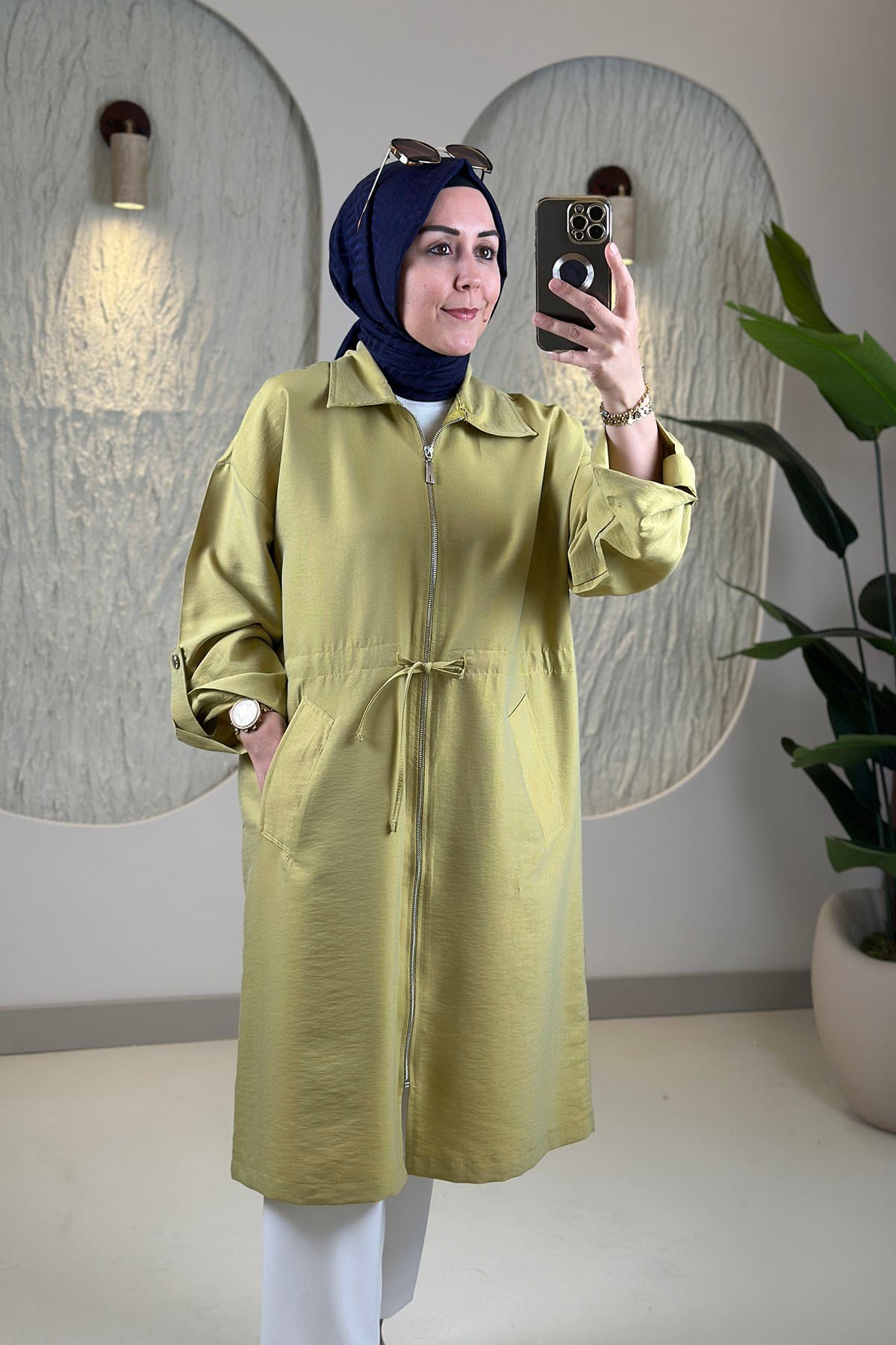 Tesettür Giy Çık KapÖnü Fermuarlı Beli İpli Katlama Kol Kadın Giyçık Kap Yağ Yeşili EYL 2227