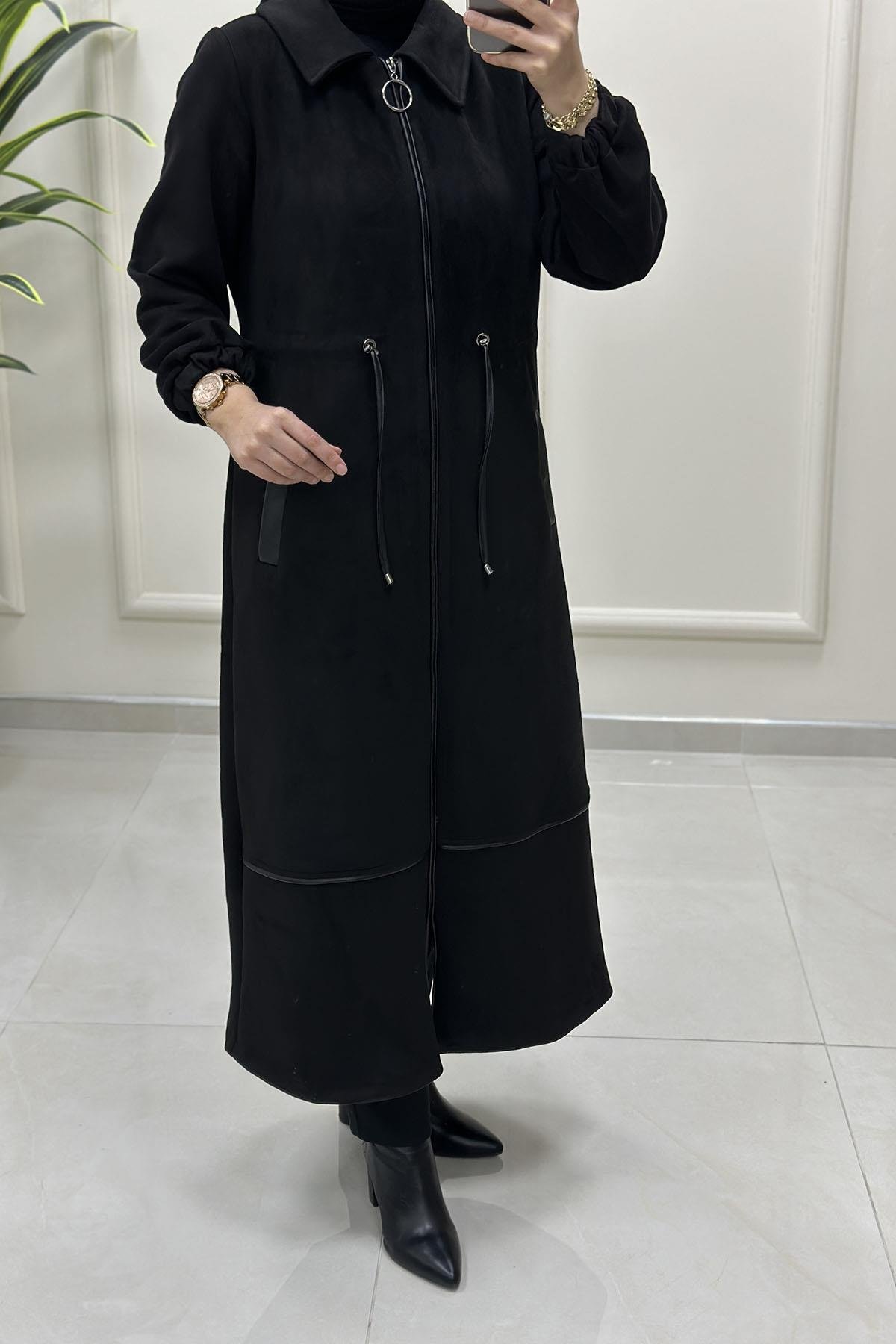 Tesettür Giy Çık KapÖnü Fermuarlı Beli Büzgülü Kadın Süet Kap Siyah BRL 7205