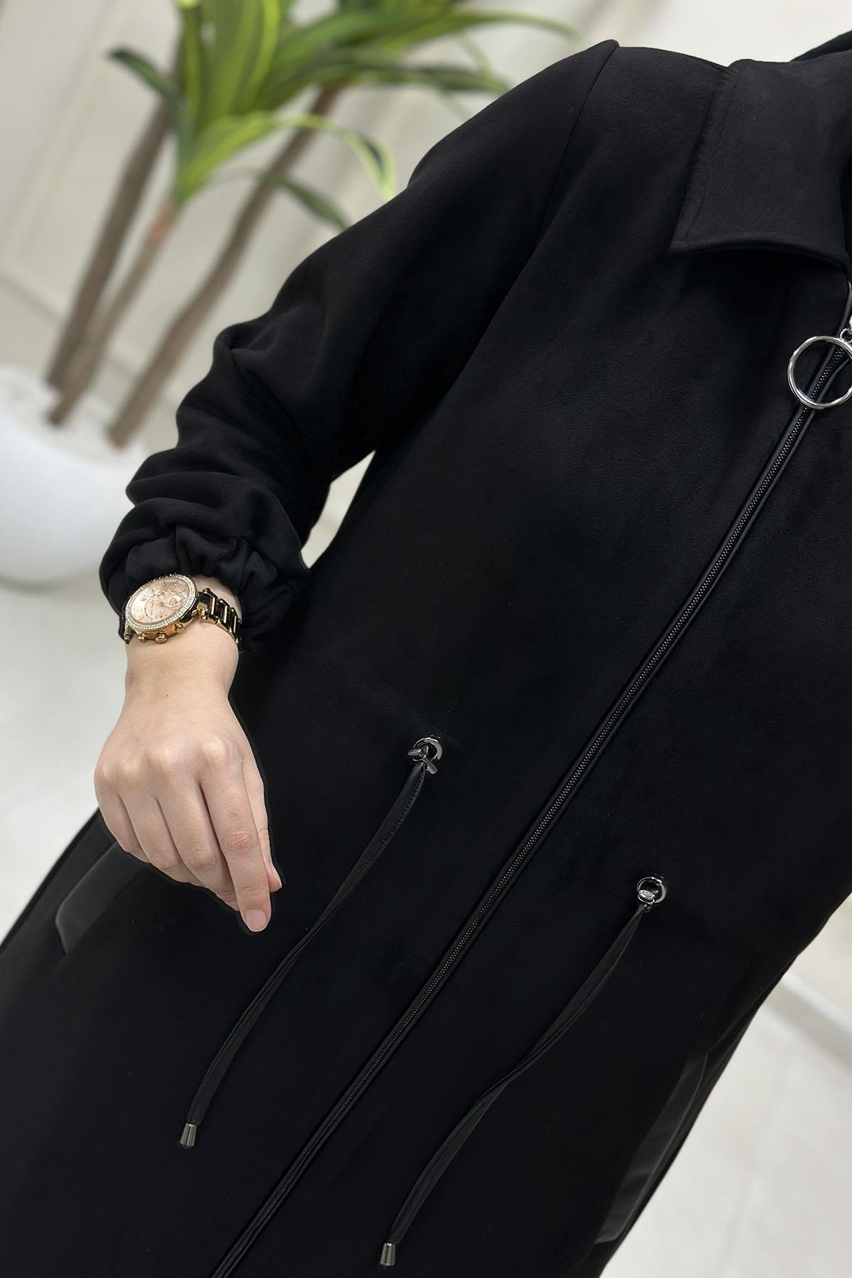 Tesettür Giy Çık KapÖnü Fermuarlı Beli Büzgülü Kadın Süet Kap Siyah BRL 7205