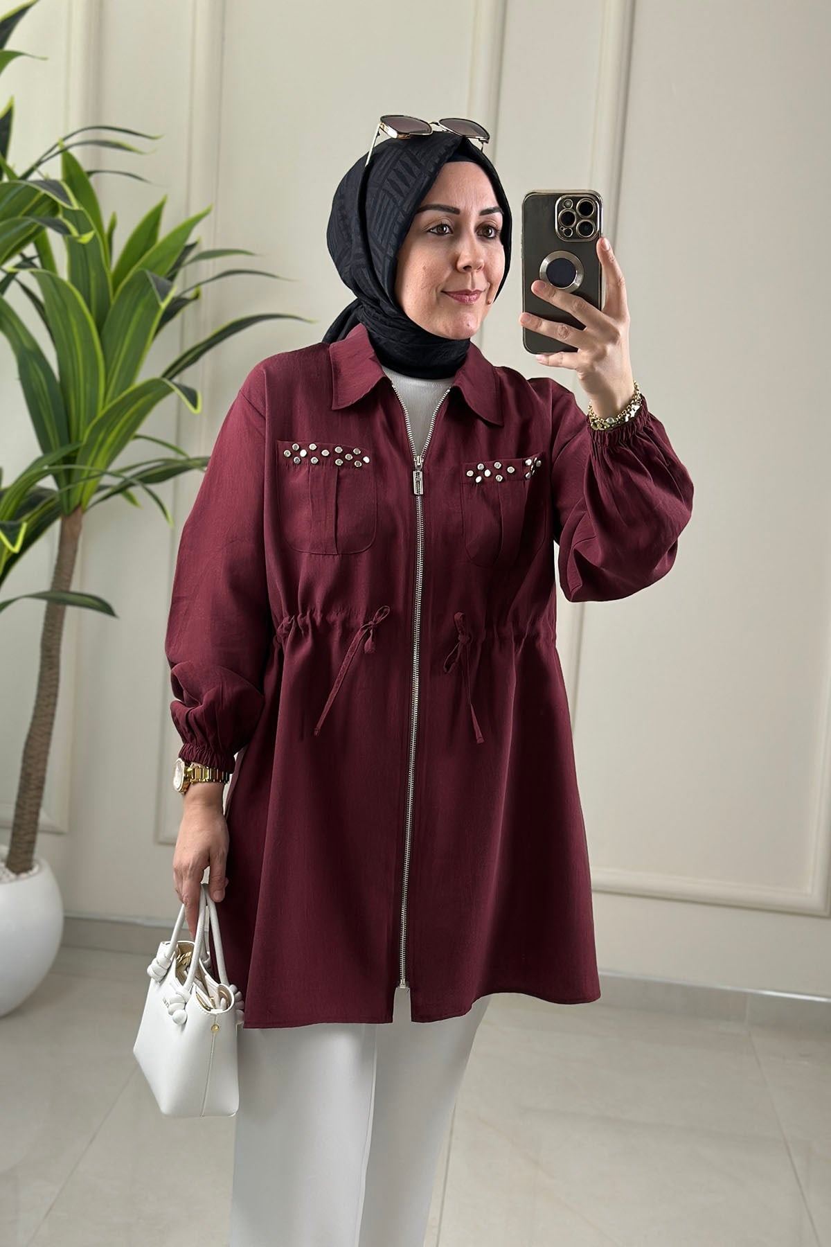 Tesettür Giy Çık KapÖnü Fermuarlı Beli Büzgülü Kadın Bomber Giyçık Bordo EYL 2149