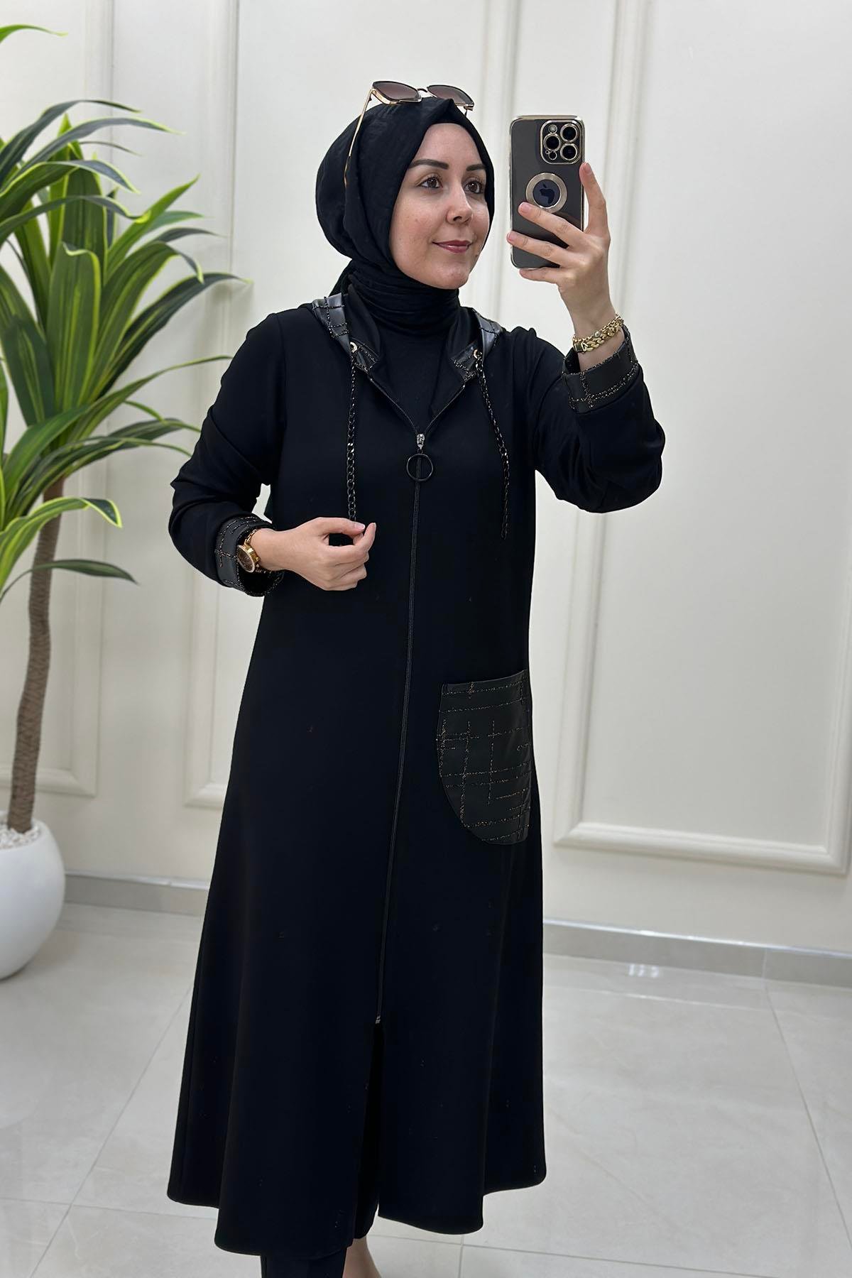 Tesettür Giy Çık KapÖnü Fermuarlı Deri Kombinli Modal Kadın Giyçık Kap Siyah HYA 1613