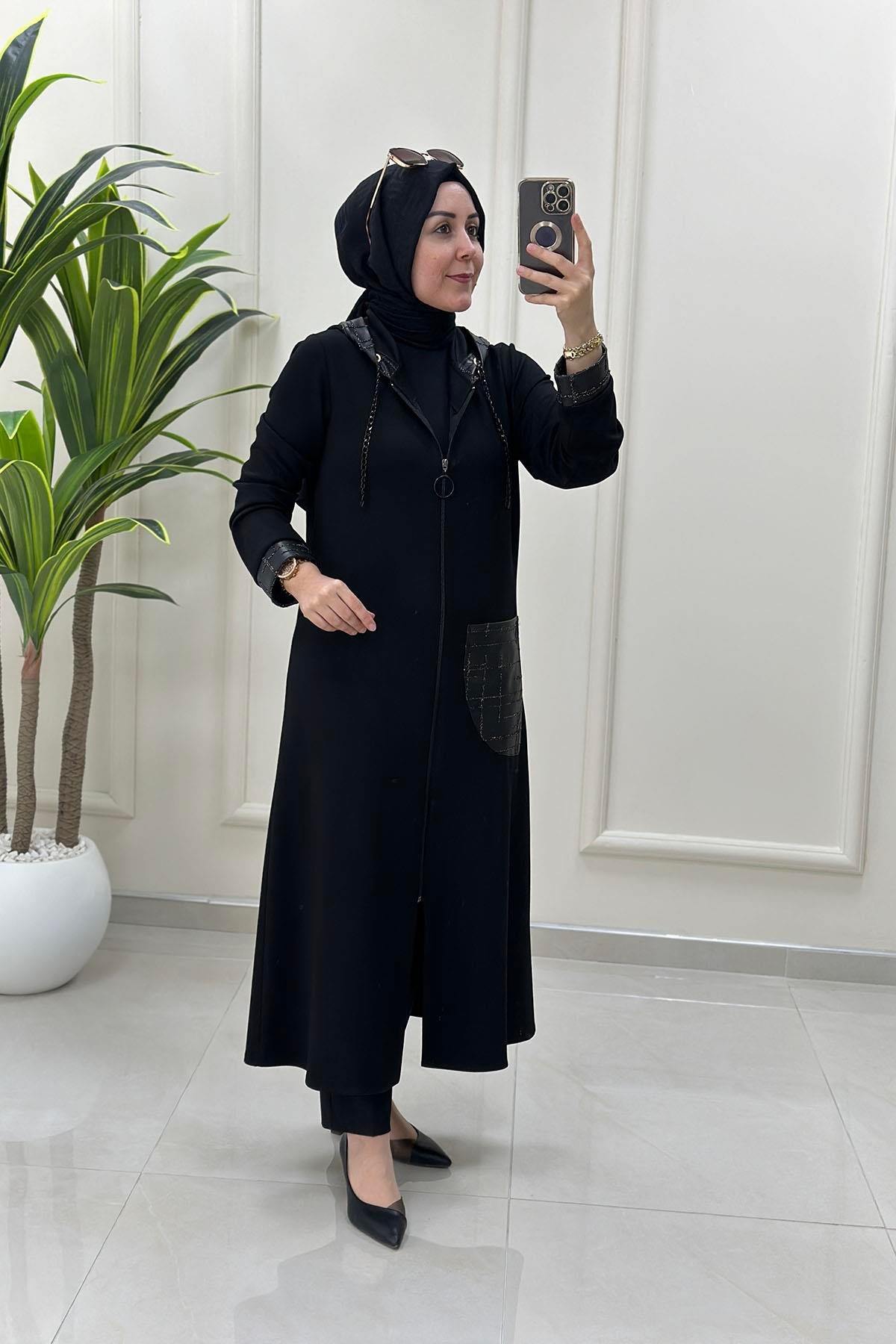 Tesettür Giy Çık KapÖnü Fermuarlı Deri Kombinli Modal Kadın Giyçık Kap Siyah HYA 1613