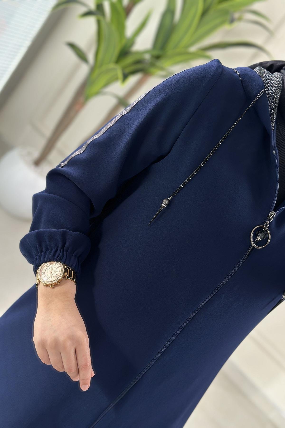 Tesettür Giy Çık KapÖnü Fermuarlı File Kapüşonlu Kadın Giyçık Kap Lacivert MLH 8061