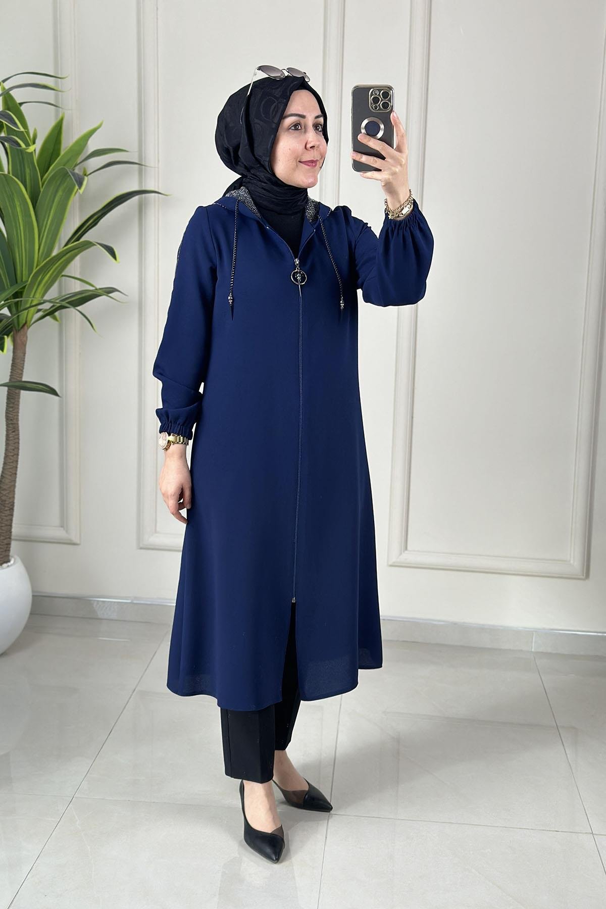 Tesettür Giy Çık KapÖnü Fermuarlı File Kapüşonlu Kadın Giyçık Kap Lacivert MLH 8061