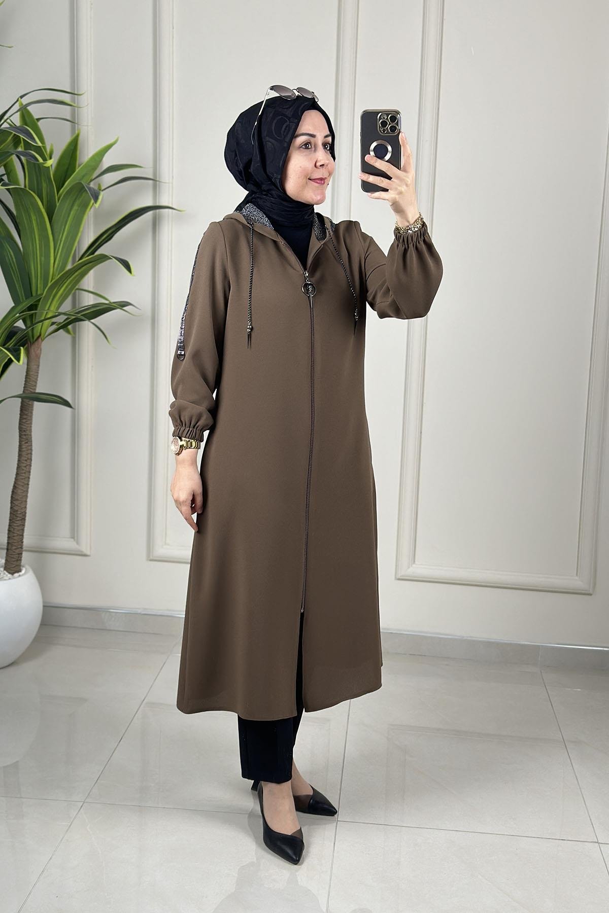 Tesettür Giy Çık KapÖnü Fermuarlı File Kapüşonlu Kadın Giyçık Kap Vizon MLH 8061