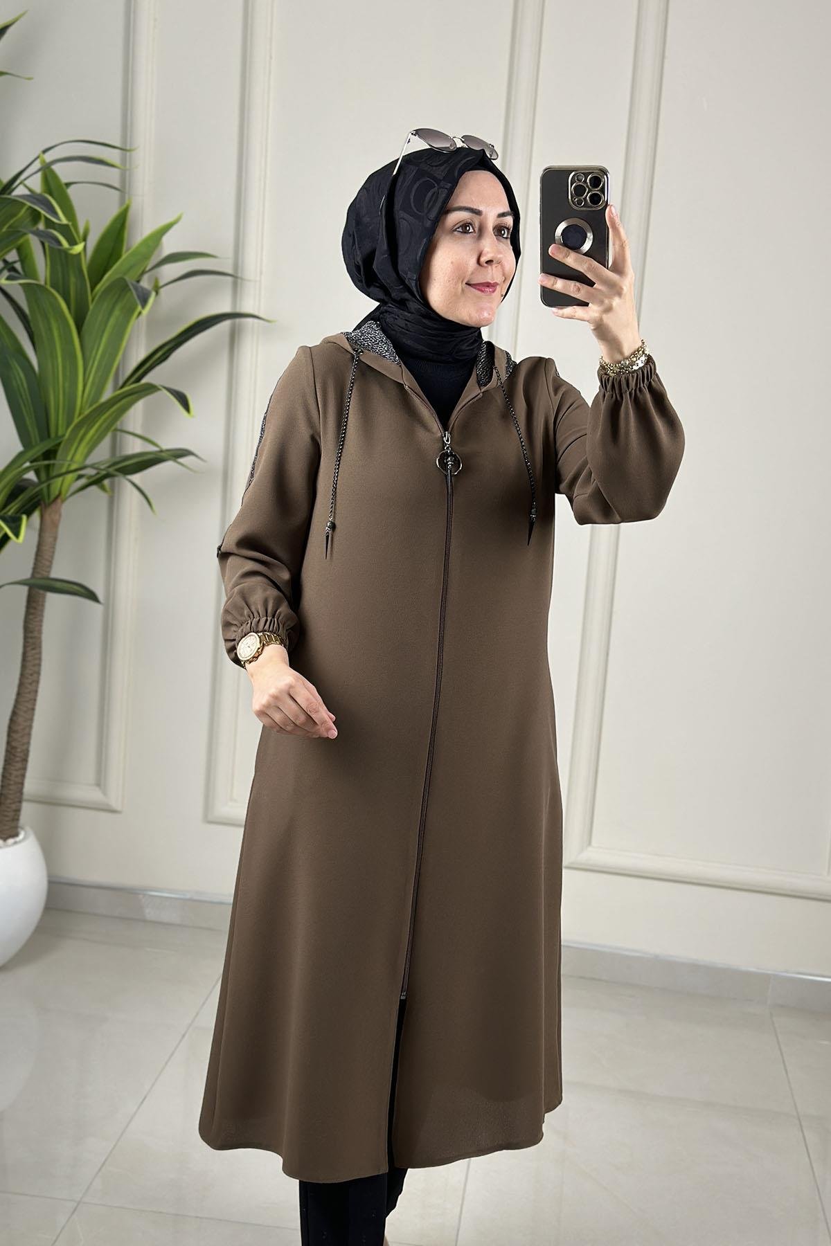 Tesettür Giy Çık KapÖnü Fermuarlı File Kapüşonlu Kadın Giyçık Kap Vizon MLH 8061