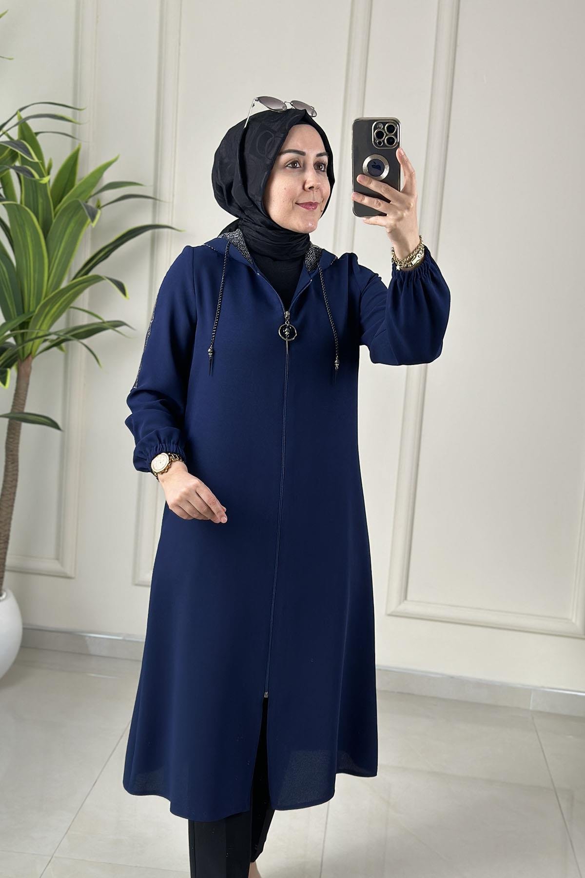 Tesettür Giy Çık KapÖnü Fermuarlı File Kapüşonlu Kadın Giyçık Kap Lacivert MLH 8061