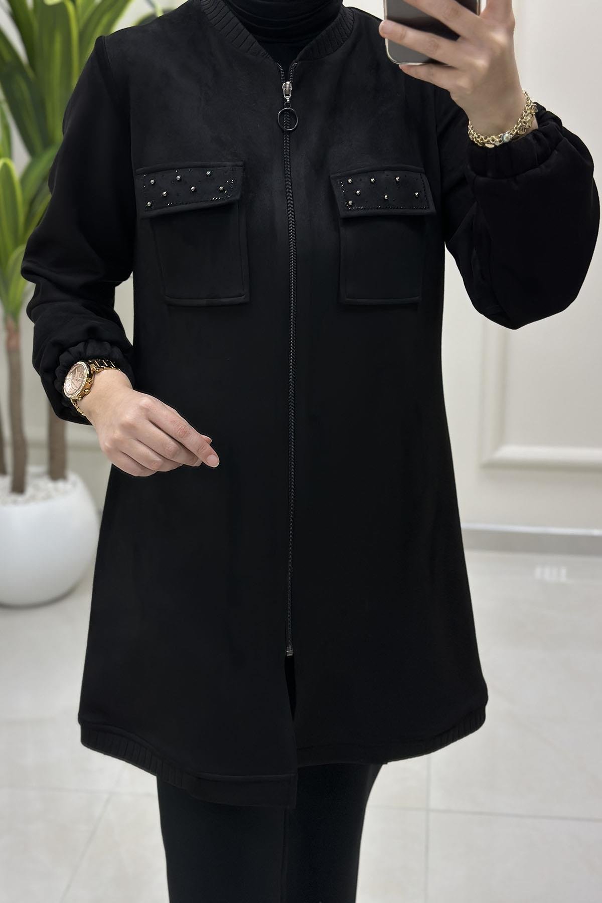 Tesettür Giy Çık KapÖnü Fermuarlı Kapak Cep Taş Detaylı Kadın Süet Giyçık Siyah BRL 7218