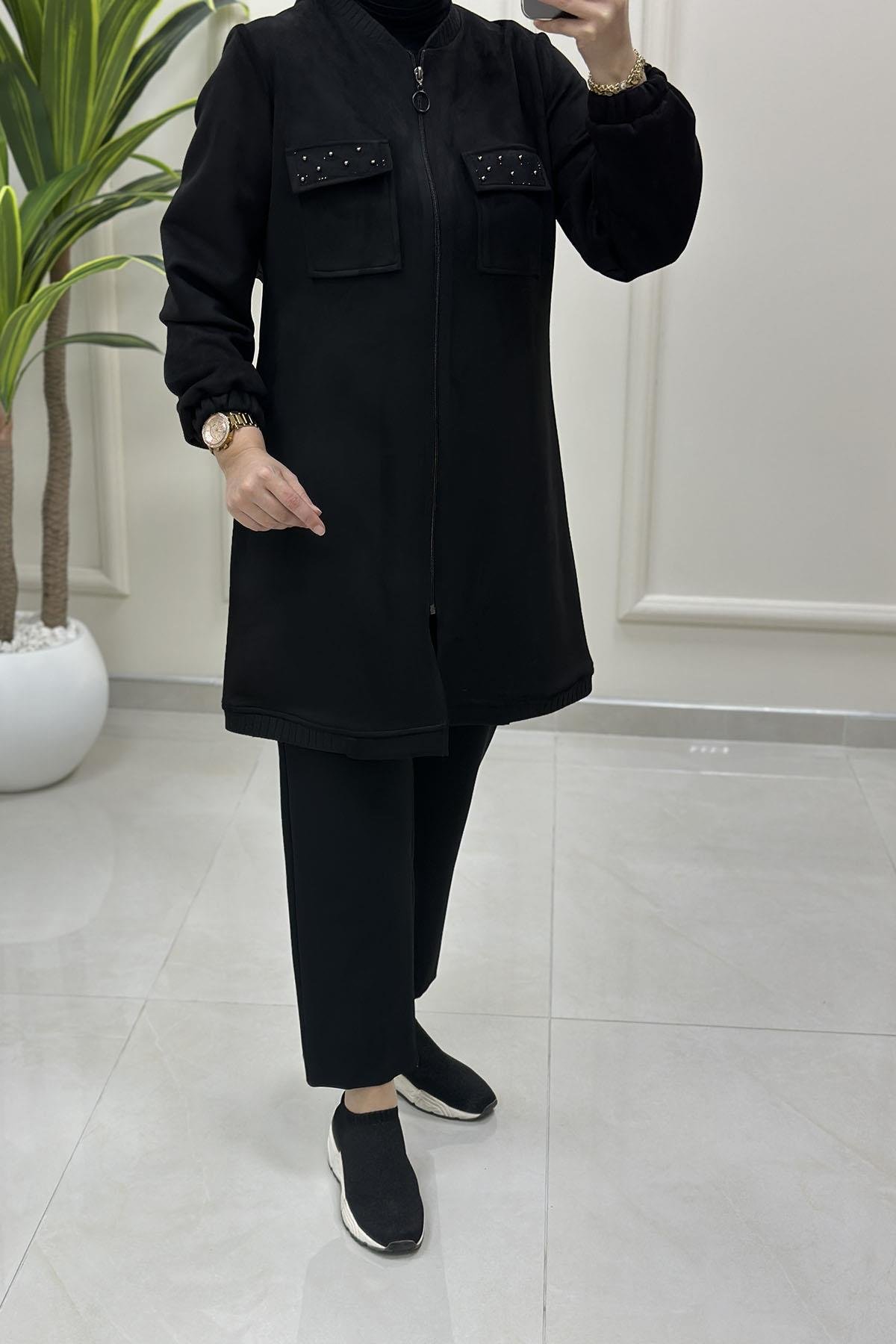 Tesettür Giy Çık KapÖnü Fermuarlı Kapak Cep Taş Detaylı Kadın Süet Giyçık Siyah BRL 7218