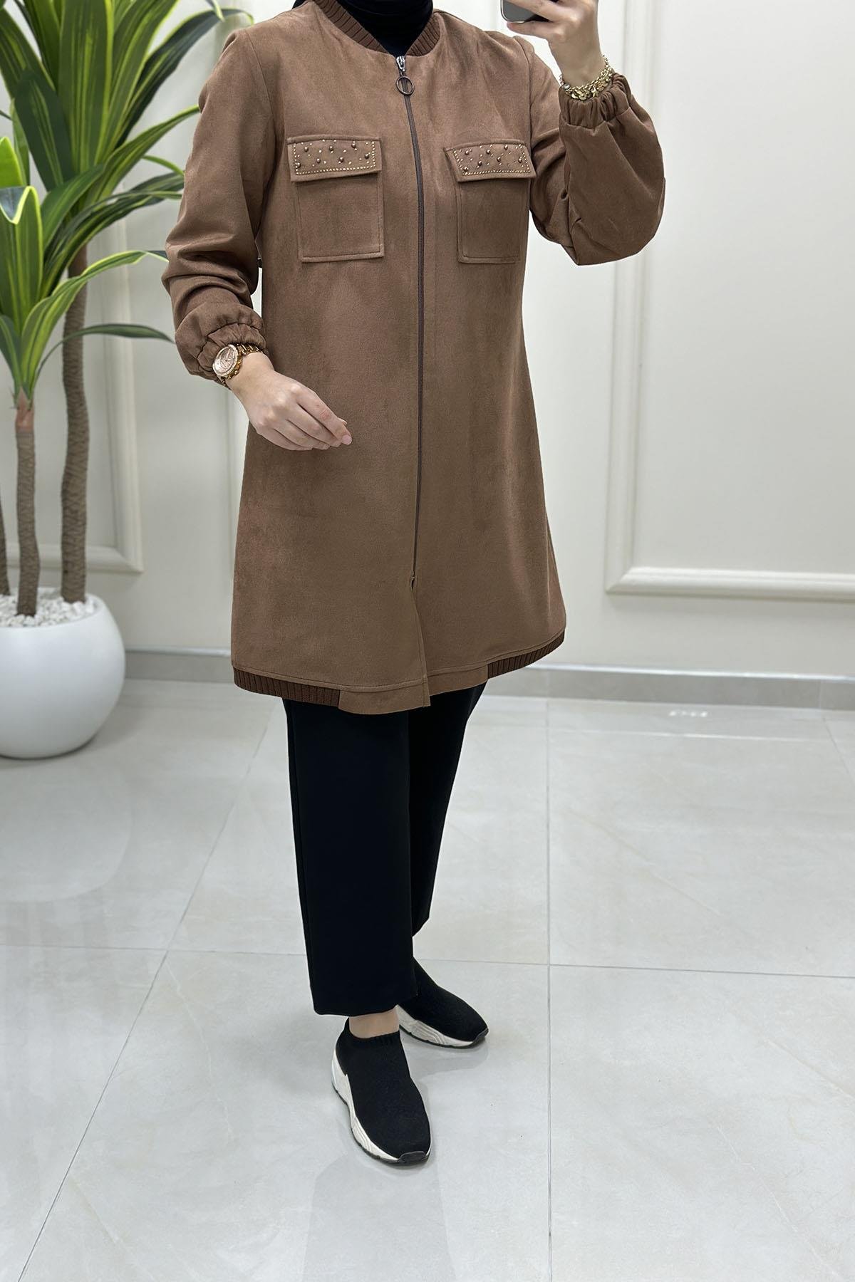 Tesettür Giy Çık KapÖnü Fermuarlı Kapak Cep Taş Detaylı Kadın Süet Giyçık Taba BRL 7218