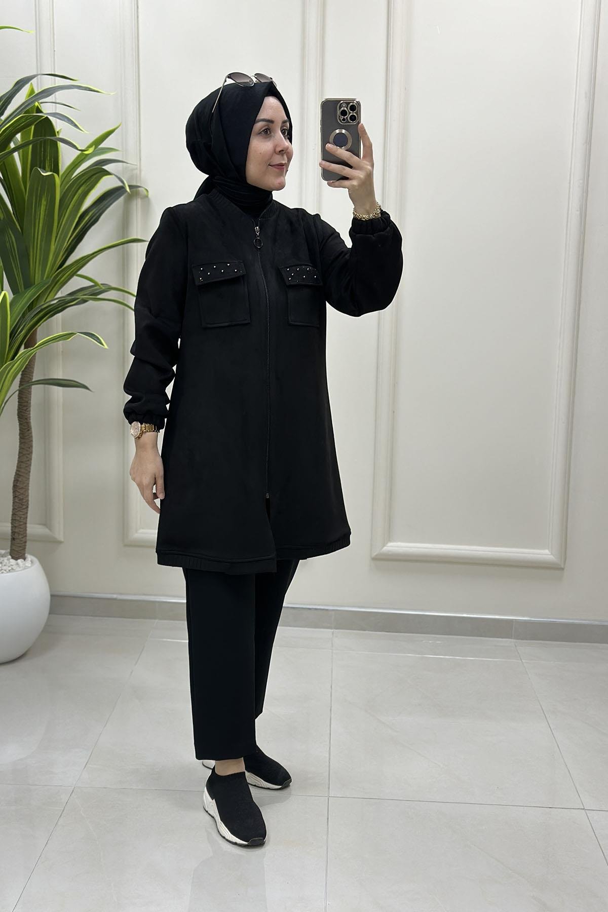 Tesettür Giy Çık KapÖnü Fermuarlı Kapak Cep Taş Detaylı Kadın Süet Giyçık Siyah BRL 7218