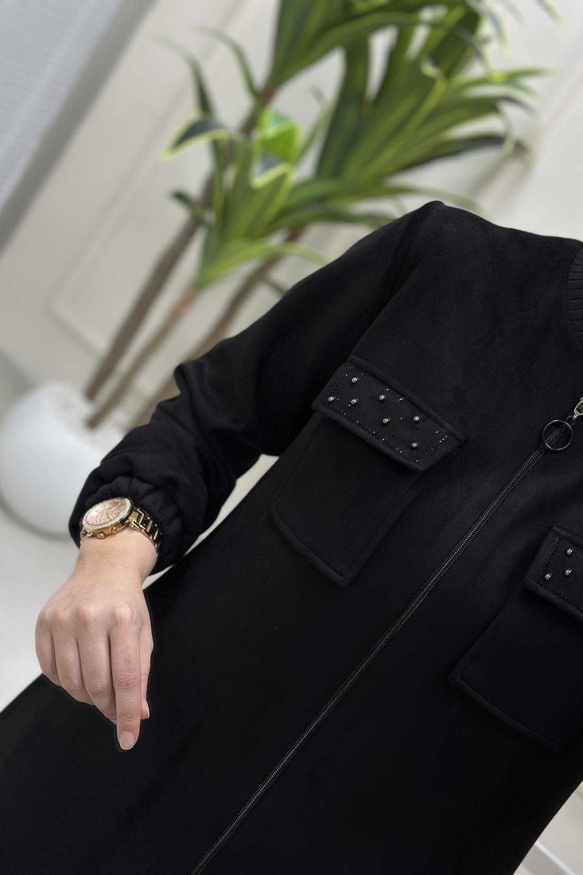 Tesettür Giy Çık KapÖnü Fermuarlı Kapak Cep Taş Detaylı Kadın Süet Giyçık Siyah BRL 7218