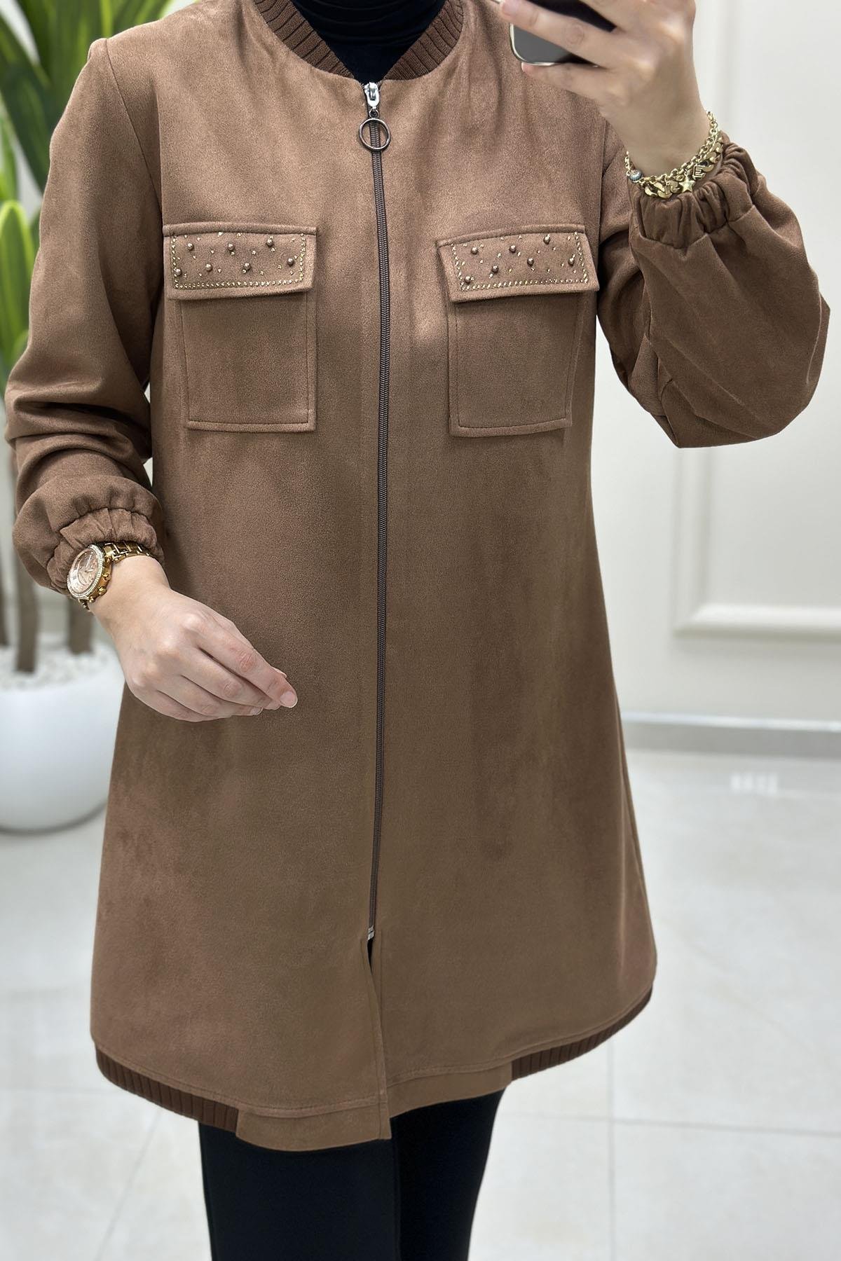 Tesettür Giy Çık KapÖnü Fermuarlı Kapak Cep Taş Detaylı Kadın Süet Giyçık Taba BRL 7218