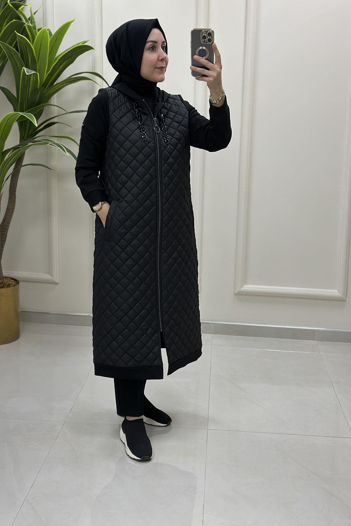 Tesettür Giy Çık KapÖnü Fermuarlı Kapitone Kadın Giyçık Kap Siyah MP 2656