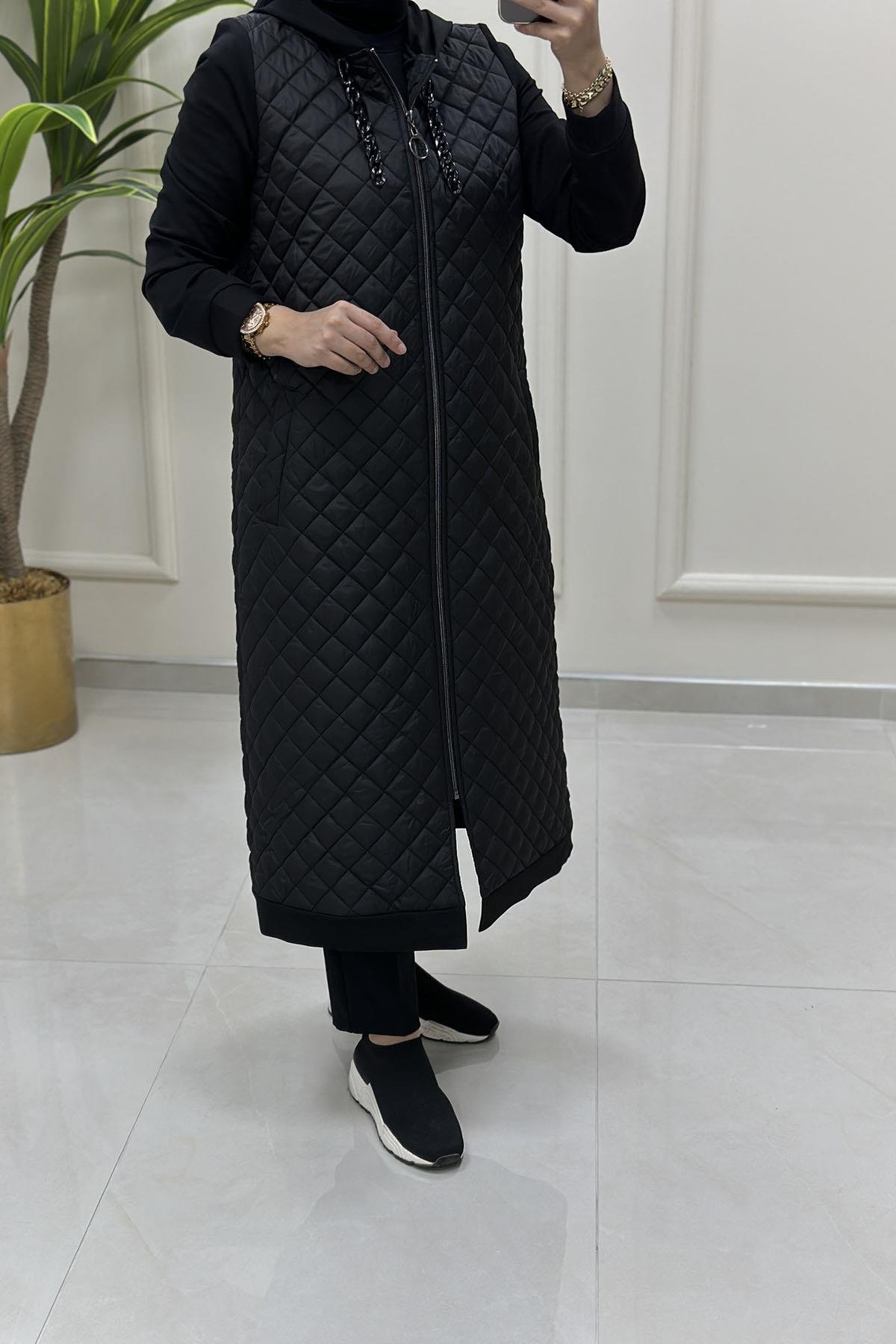 Tesettür Giy Çık KapÖnü Fermuarlı Kapitone Kadın Giyçık Kap Siyah MP 2656