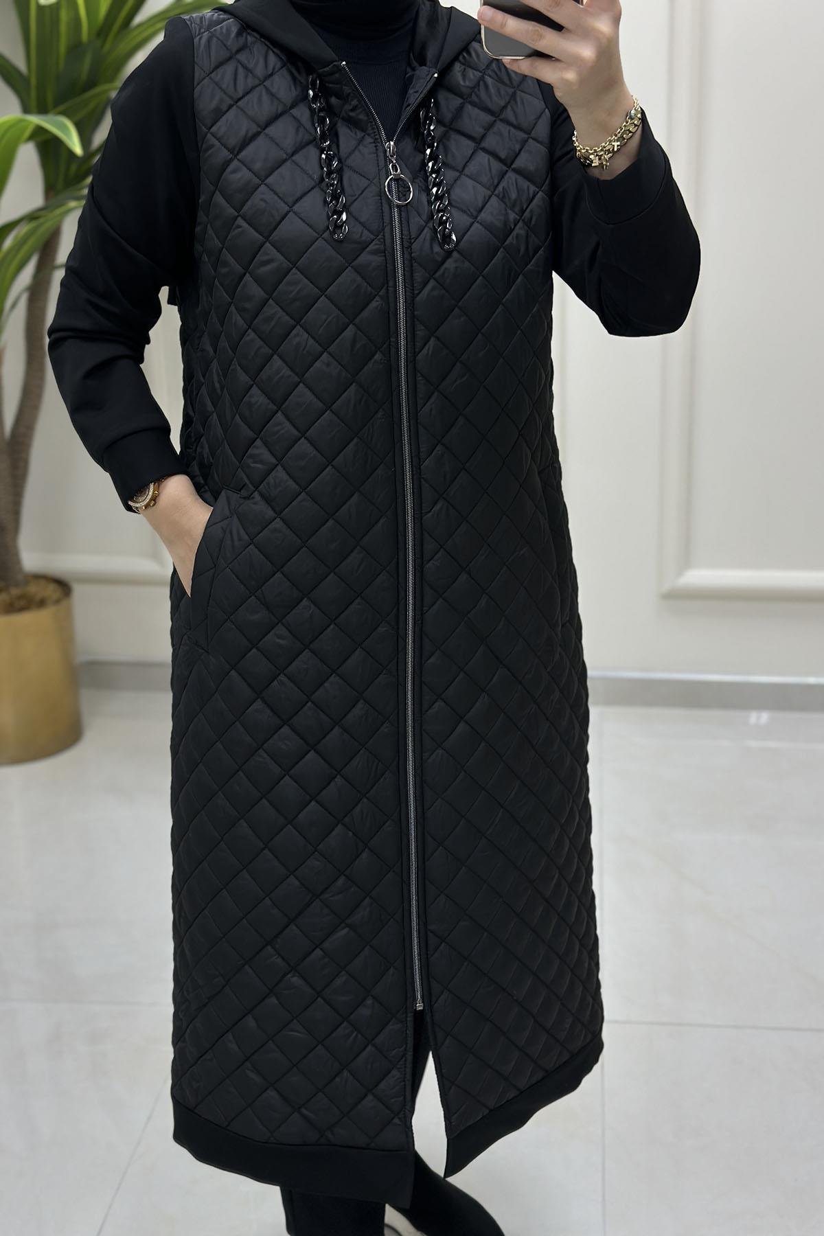 Tesettür Giy Çık KapÖnü Fermuarlı Kapitone Kadın Giyçık Kap Siyah MP 2656