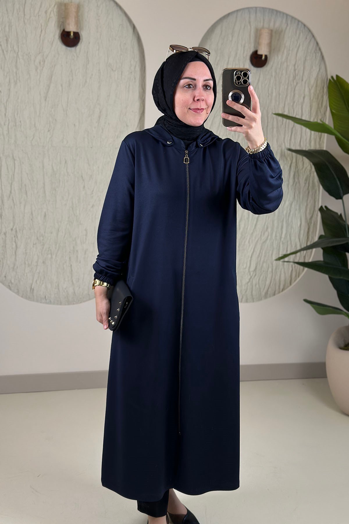 Tesettür Giy Çık KapÖnü Fermuarlı Kolu Büzgülü Cepli Kadın Giyçık Lacivert KADO 268192