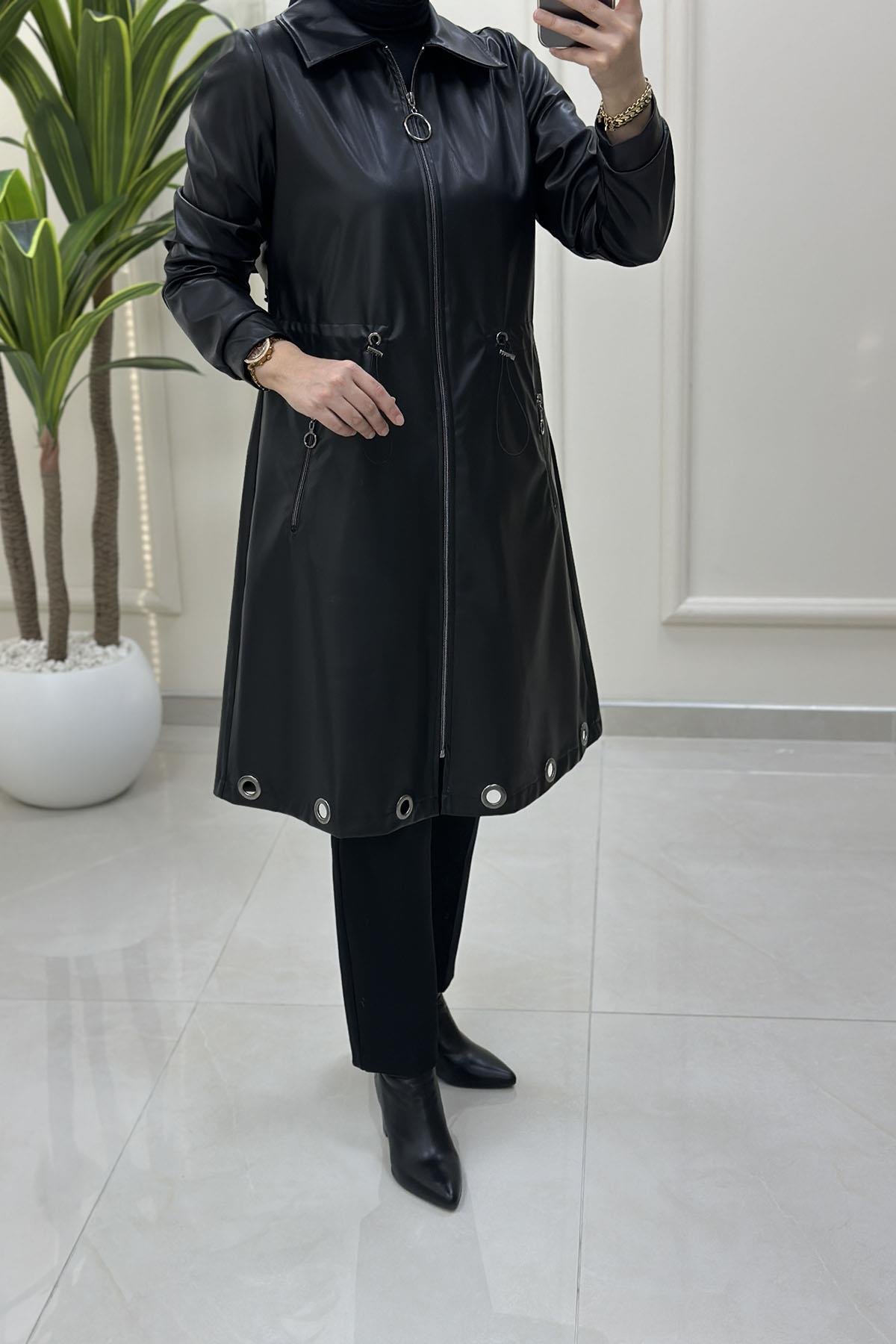 Tesettür Giy Çık KapÖnü Fermuarlı Kuşgözü Detaylı Deri Kadın Giyçık Kap Siyah CNR 2212