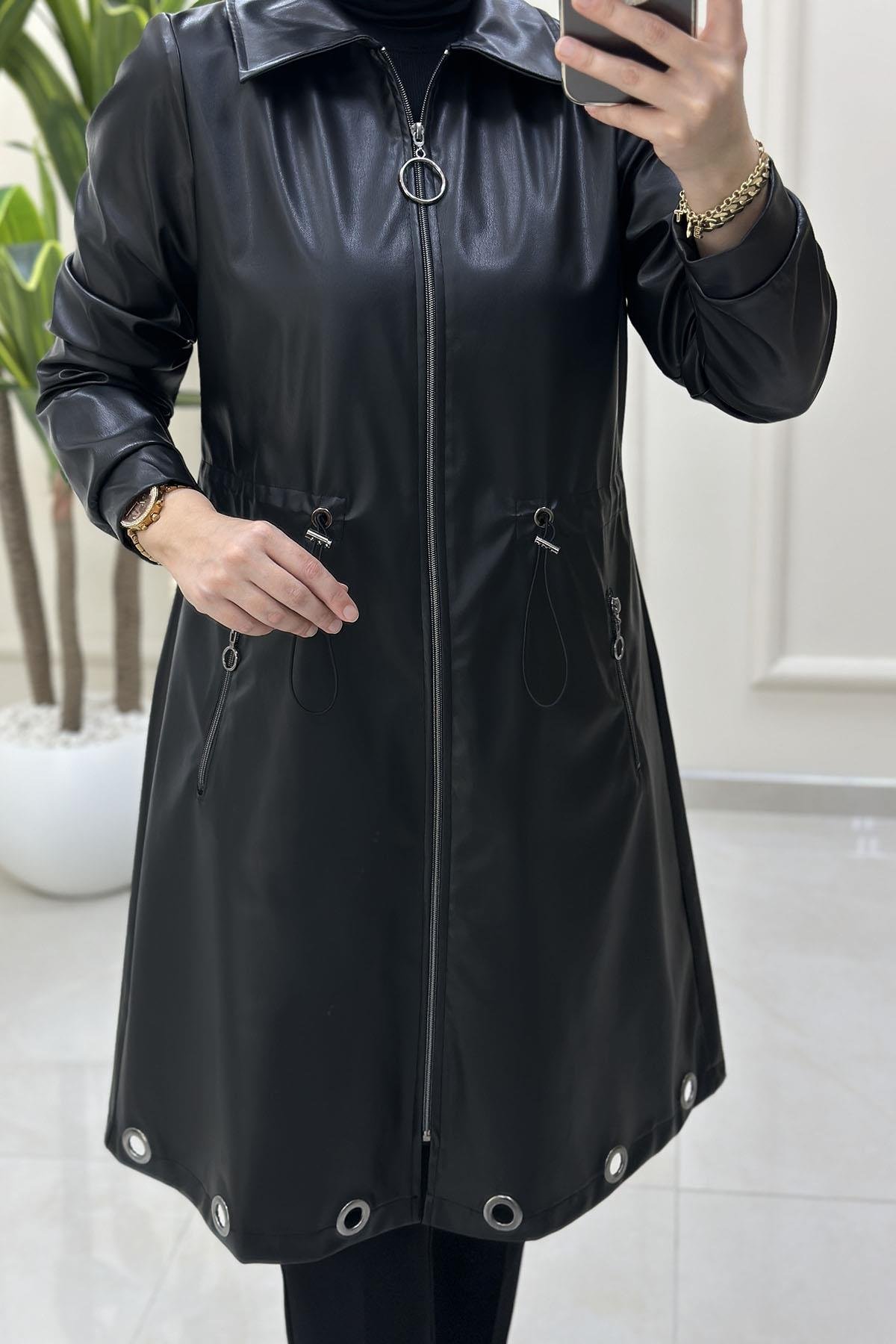 Tesettür Giy Çık KapÖnü Fermuarlı Kuşgözü Detaylı Deri Kadın Giyçık Kap Siyah CNR 2212