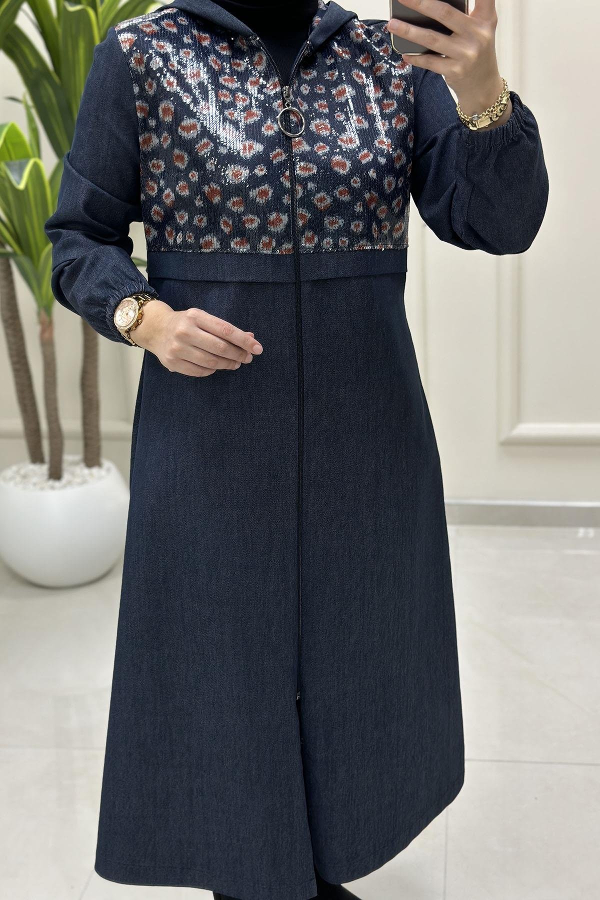 Tesettür Giy Çık KapÖnü Fermuarlı Pulpayet Detaylı Kadın Kot Giyçık Kap Koyu Mavi CNR 2270