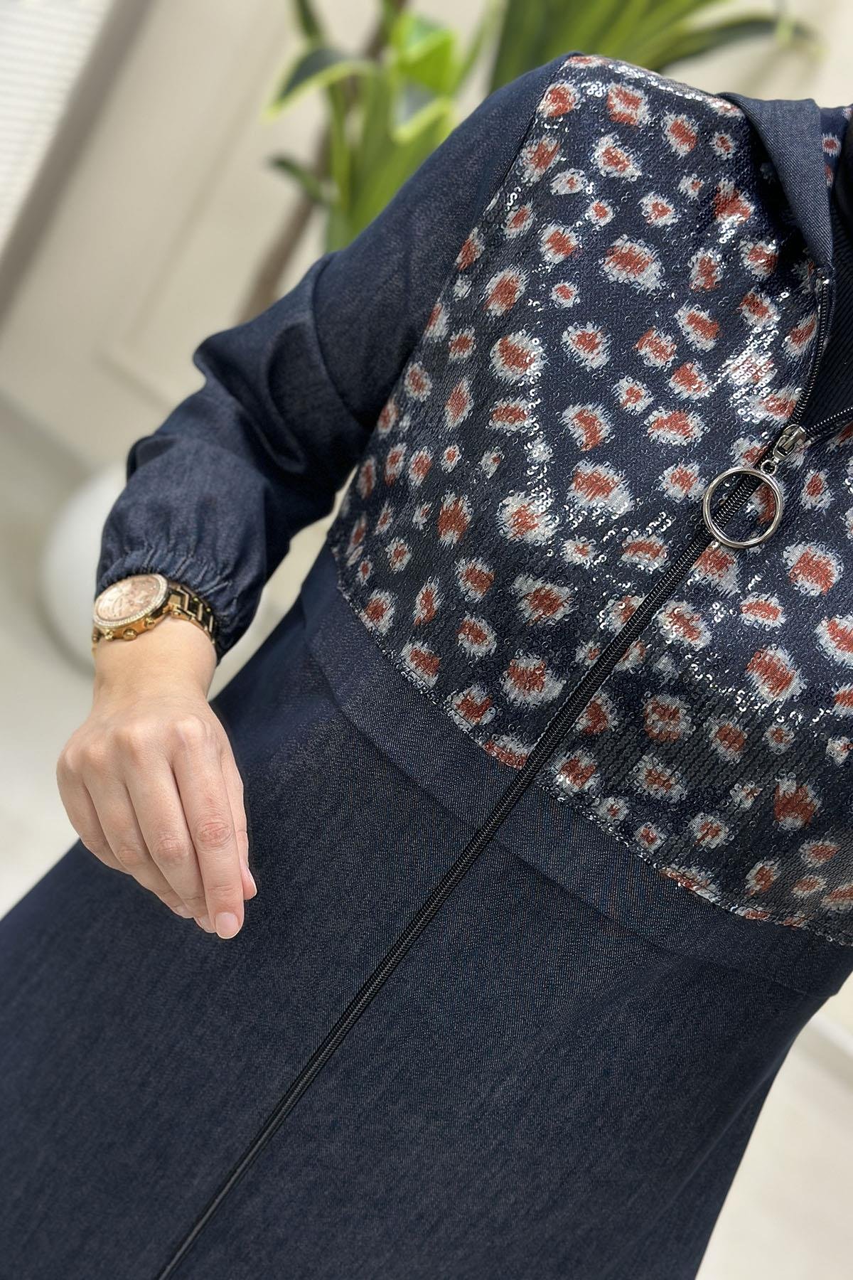 Tesettür Giy Çık KapÖnü Fermuarlı Pulpayet Detaylı Kadın Kot Giyçık Kap Koyu Mavi CNR 2270