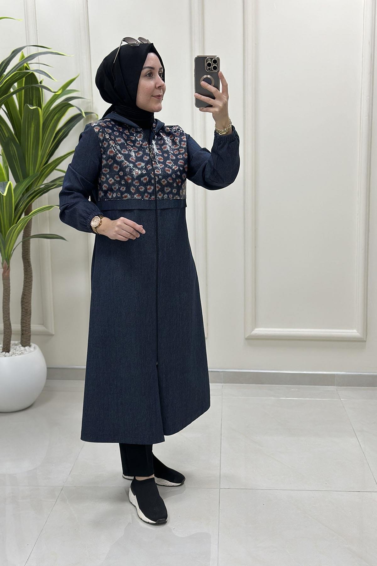 Tesettür Giy Çık KapÖnü Fermuarlı Pulpayet Detaylı Kadın Kot Giyçık Kap Koyu Mavi CNR 2270