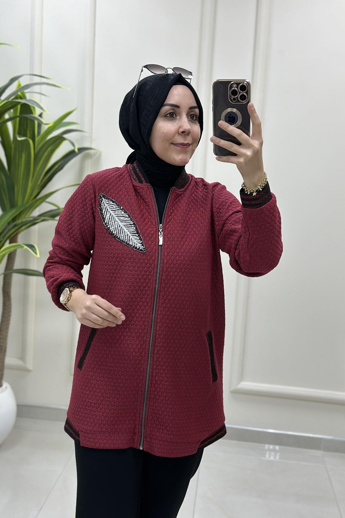 Tesettür Giy Çık KapÖnü Fermuarlı Ribanalı Kadın Bomber Ceket Açık Bordo ELR 201