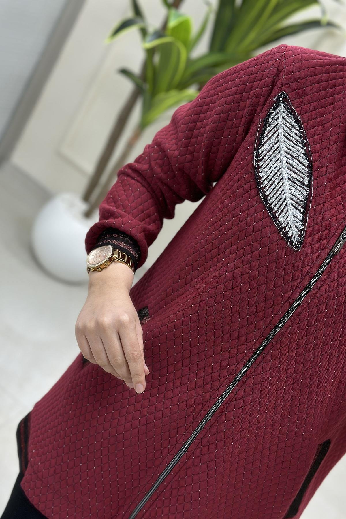 Tesettür Giy Çık KapÖnü Fermuarlı Ribanalı Kadın Bomber Ceket Açık Bordo ELR 201