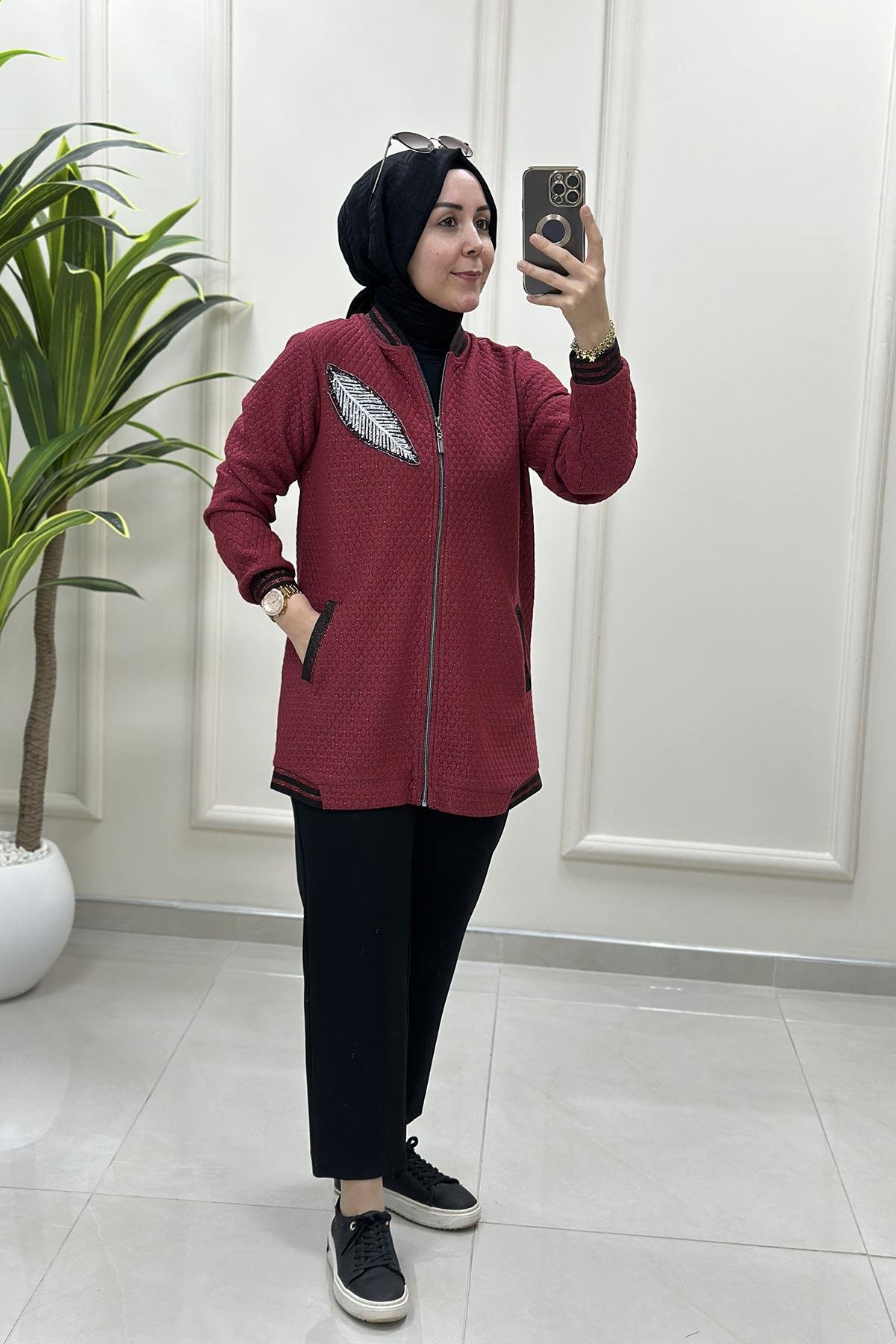 Tesettür Giy Çık KapÖnü Fermuarlı Ribanalı Kadın Bomber Ceket Açık Bordo ELR 201