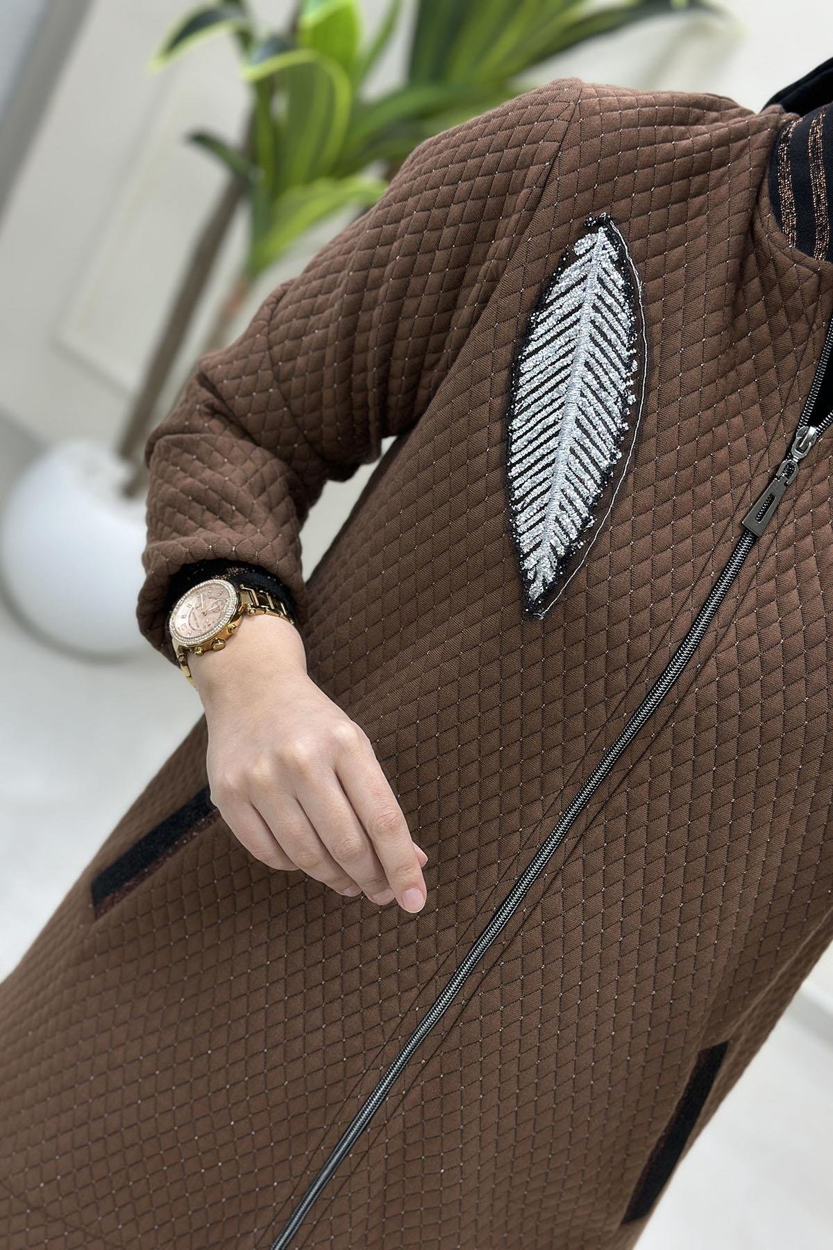 Tesettür Giy Çık KapÖnü Fermuarlı Ribanalı Kadın Bomber Ceket Kahverengi ELR 201