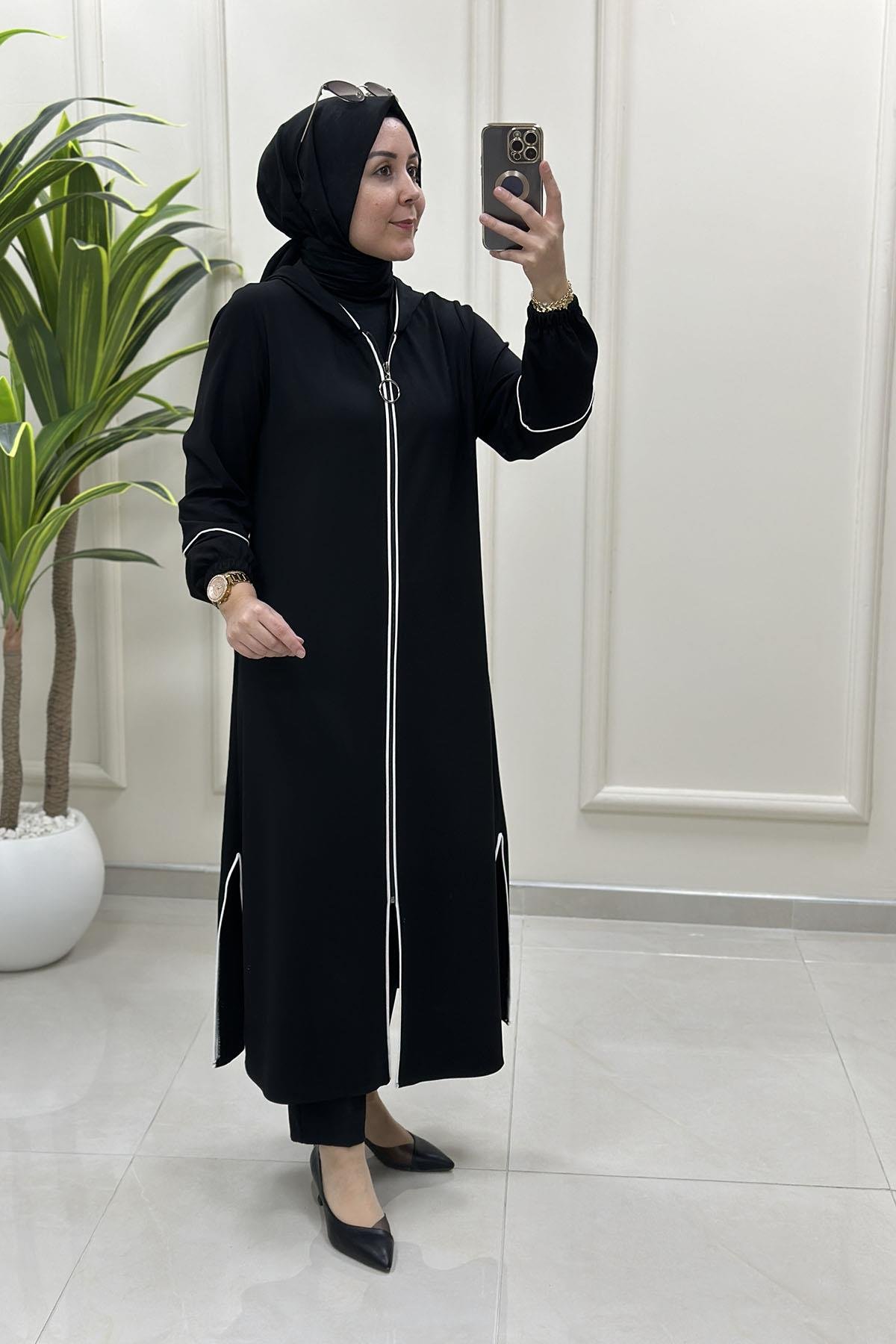 Tesettür Giy Çık KapÖnü Fermuarlı Şerit Detaylı Kadın Modal Giyçık Siyah HYA 1673