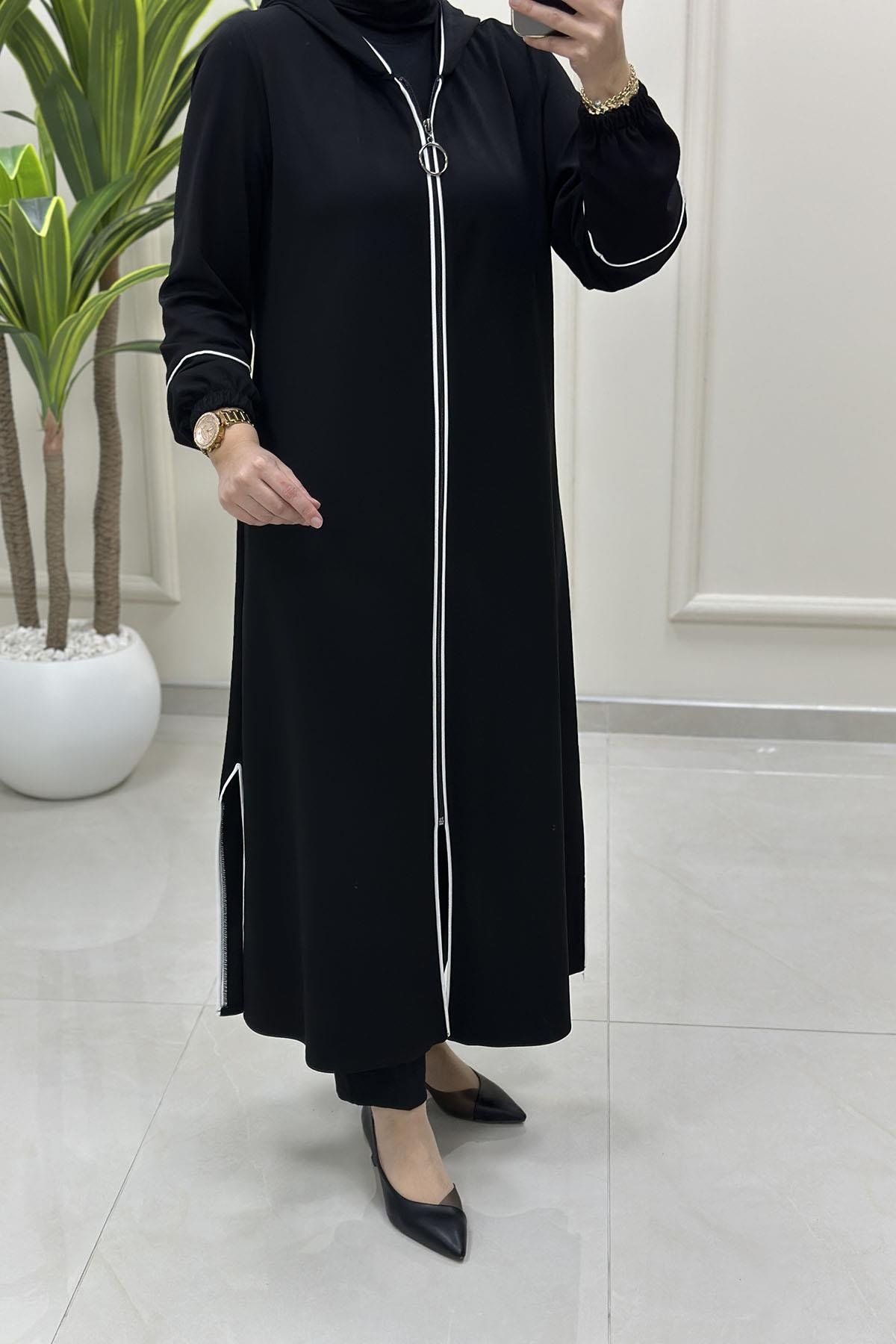 Tesettür Giy Çık KapÖnü Fermuarlı Şerit Detaylı Kadın Modal Giyçık Siyah HYA 1673