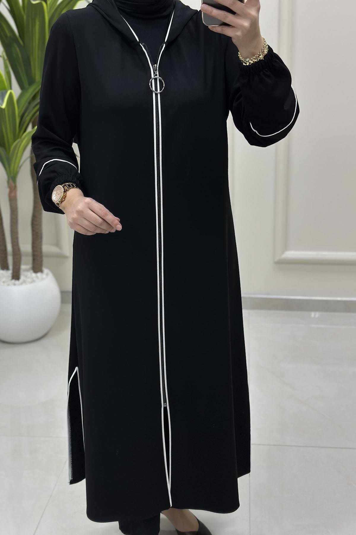 Tesettür Giy Çık KapÖnü Fermuarlı Şerit Detaylı Kadın Modal Giyçık Siyah HYA 1673