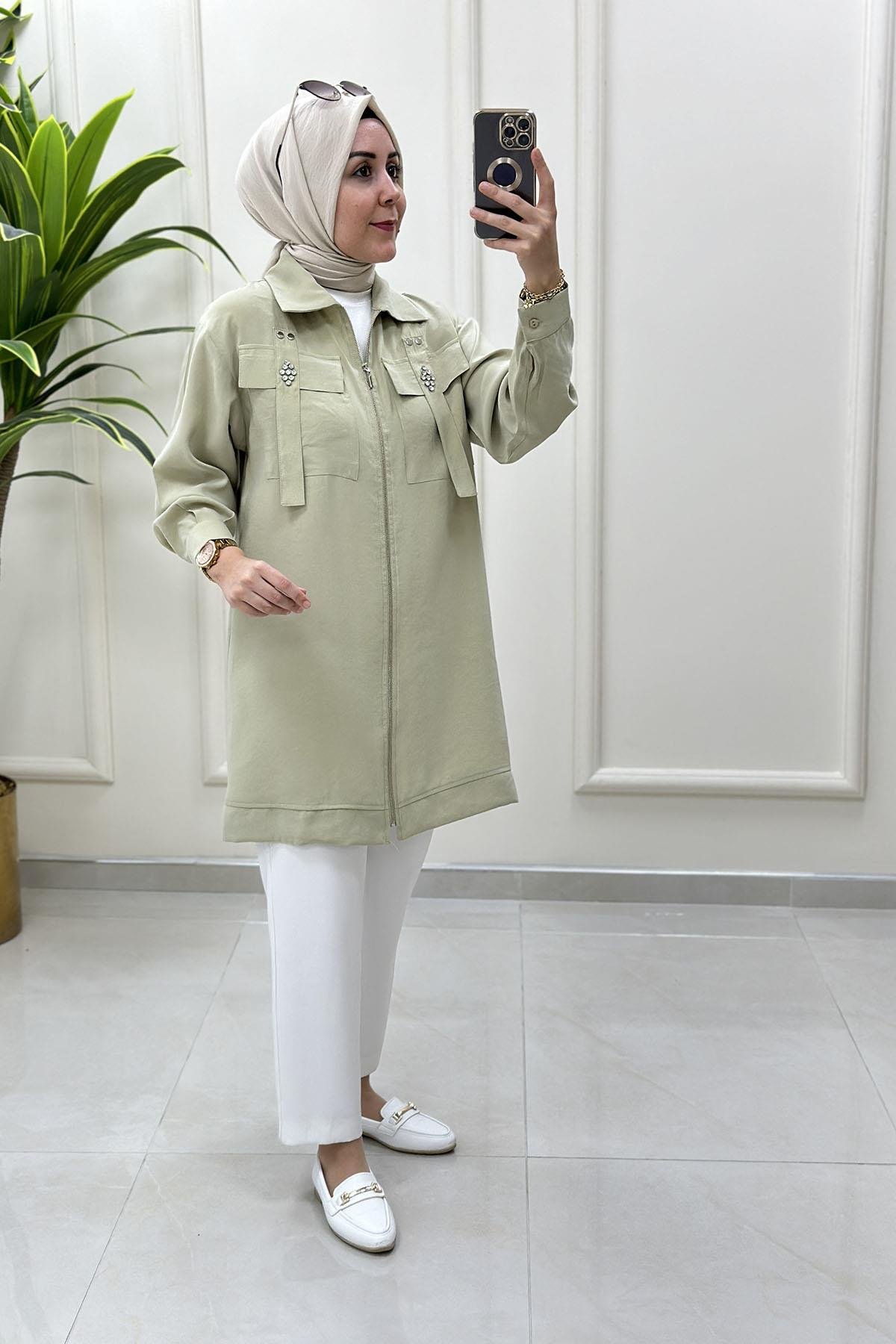 Tesettür Giy Çık KapÖnü Fermuarlı Taş Detaylı Kadın Giyçık Kap Küf Yeşili ALS 5179