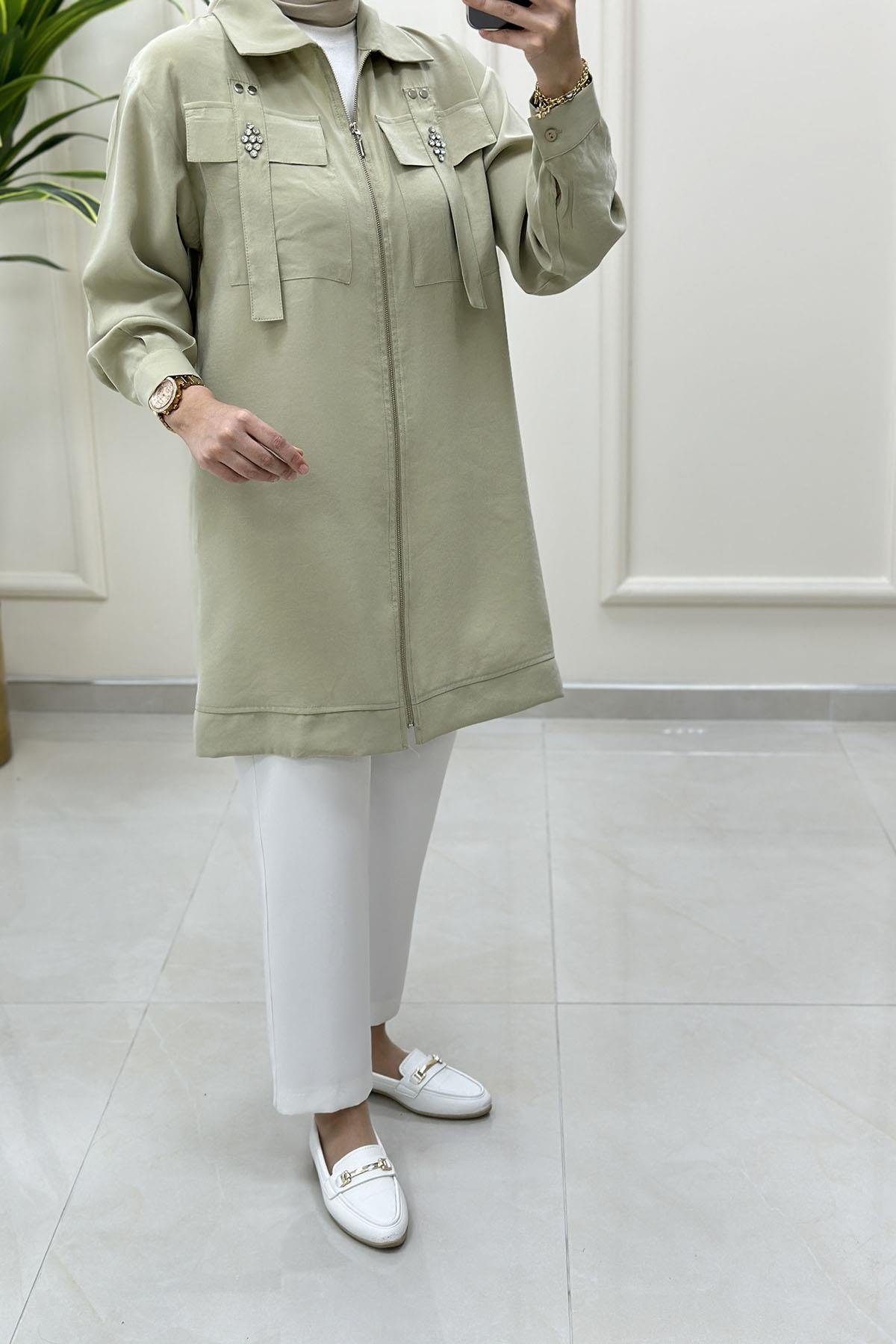 Tesettür Giy Çık KapÖnü Fermuarlı Taş Detaylı Kadın Giyçık Kap Küf Yeşili ALS 5179